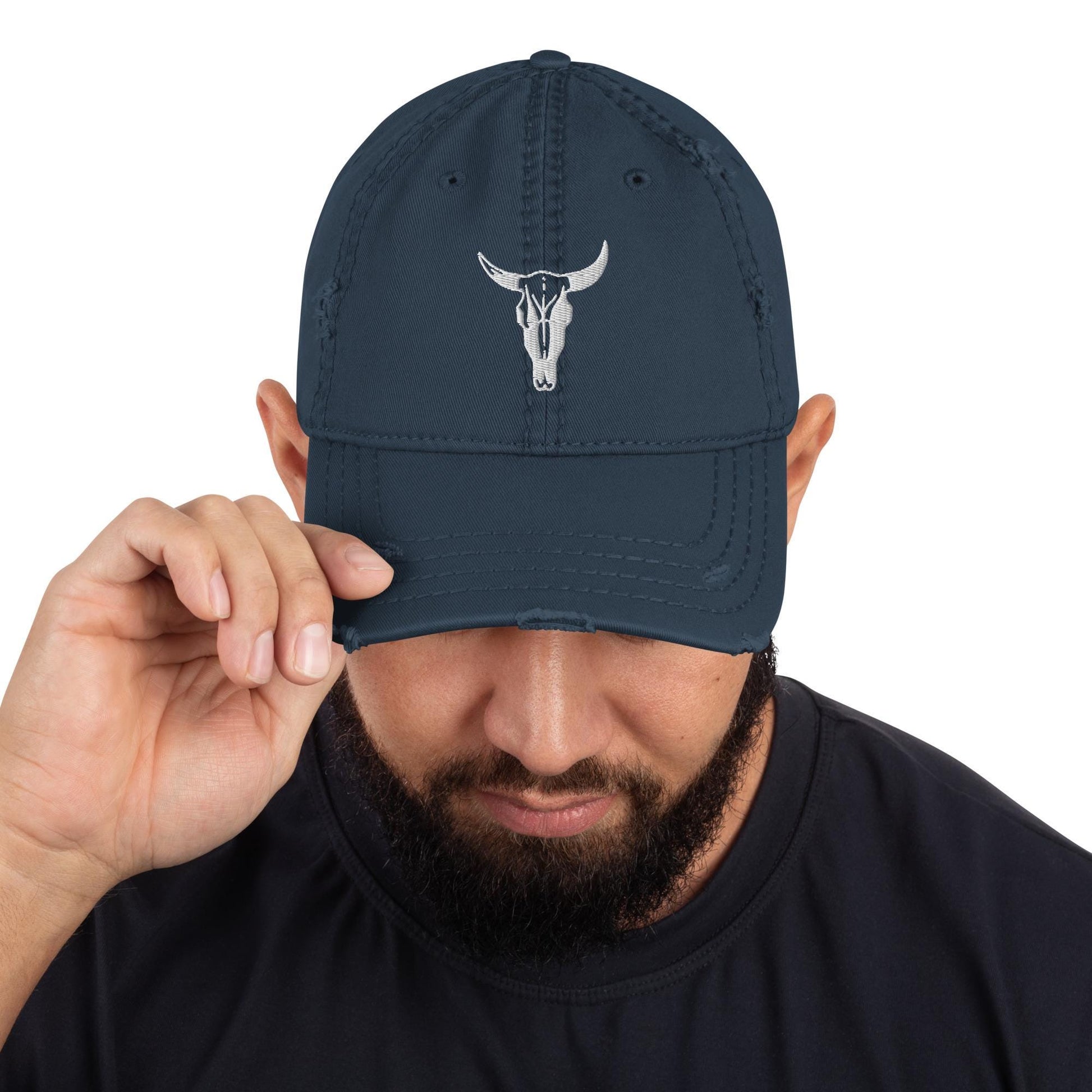 Cow Skull Hat | Embroidered Distressed Dad Hat | White Cow Skull Design, Adjustable Cap for Trendy Fashion Lovers