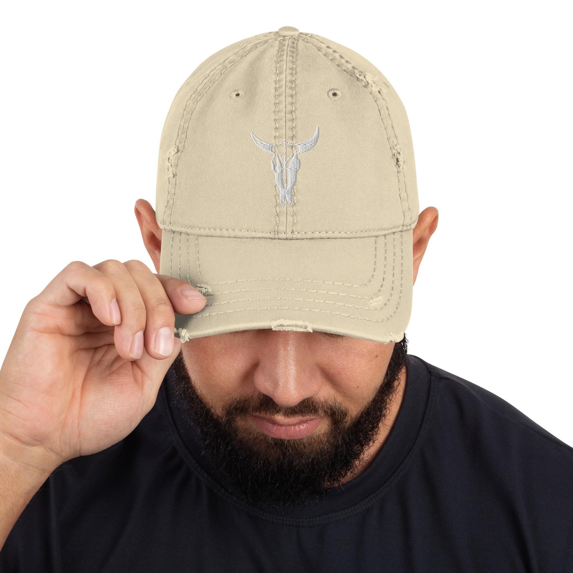 Cow Skull Hat | Embroidered Distressed Dad Hat | White Cow Skull Design, Adjustable Cap for Trendy Fashion Lovers
