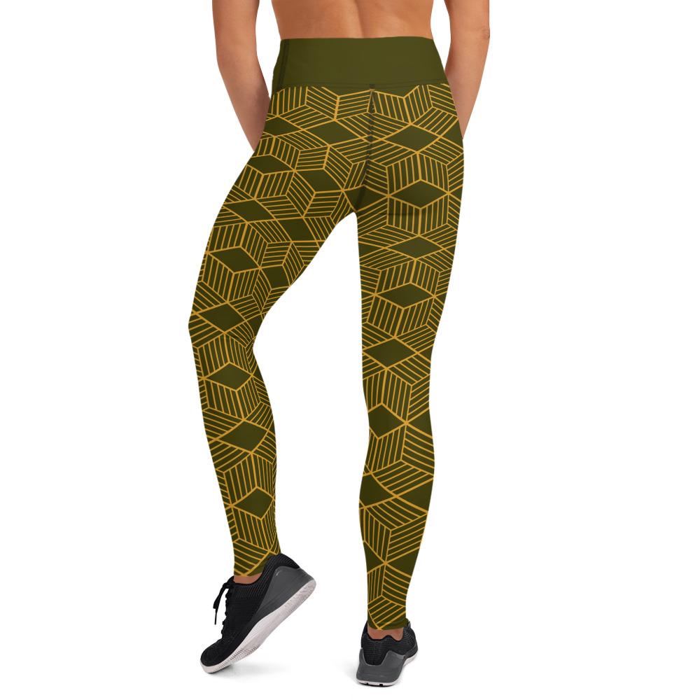 Yoga Leggings | Dark Olive Cubes Design | High-Performance Workout Pants for Comfort & Flexibility