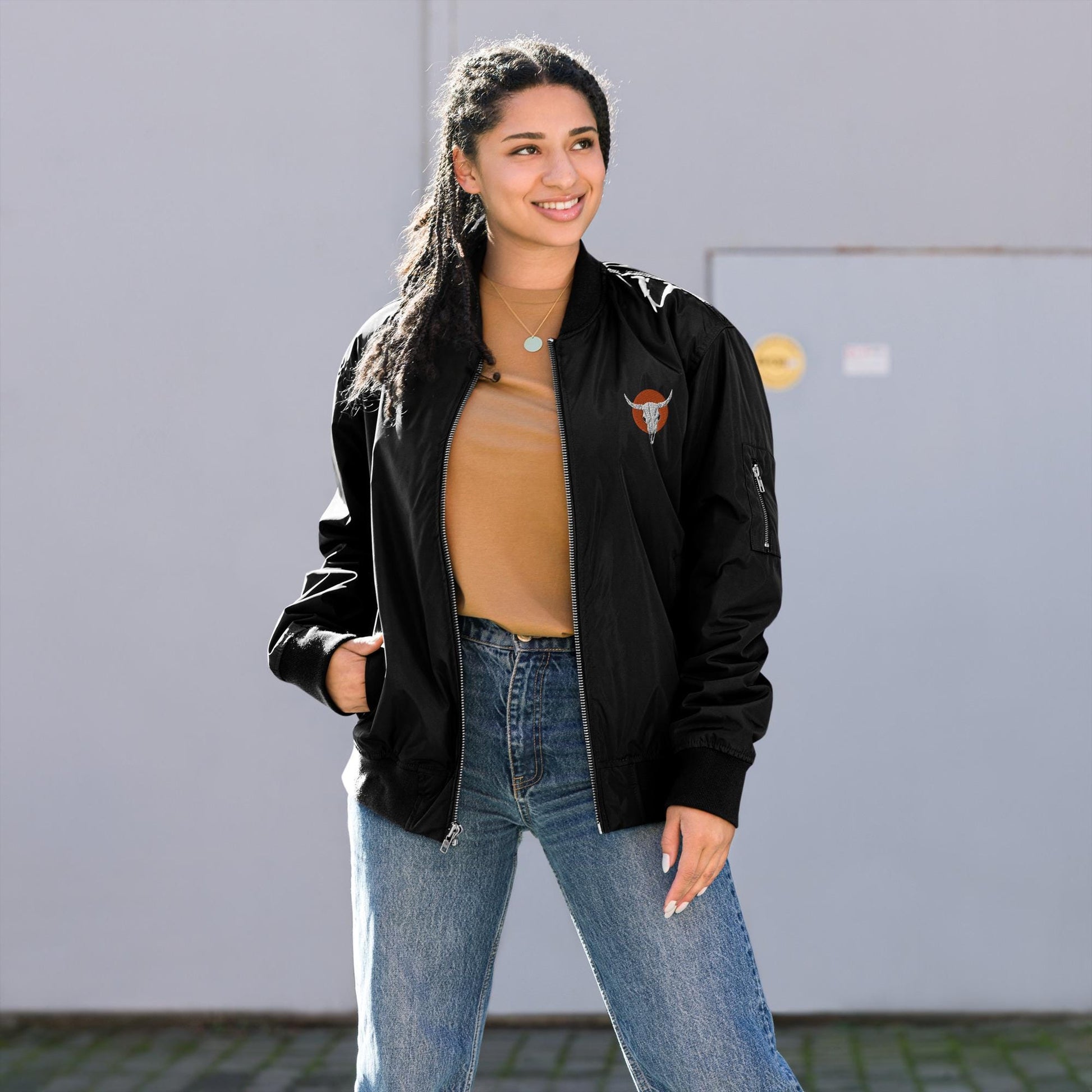 Bomber Jacket | Cow Skull Embroidered Premium Recycled Jacket | Unique Vintage Fashion Outerwear for Eco-Friendly Style