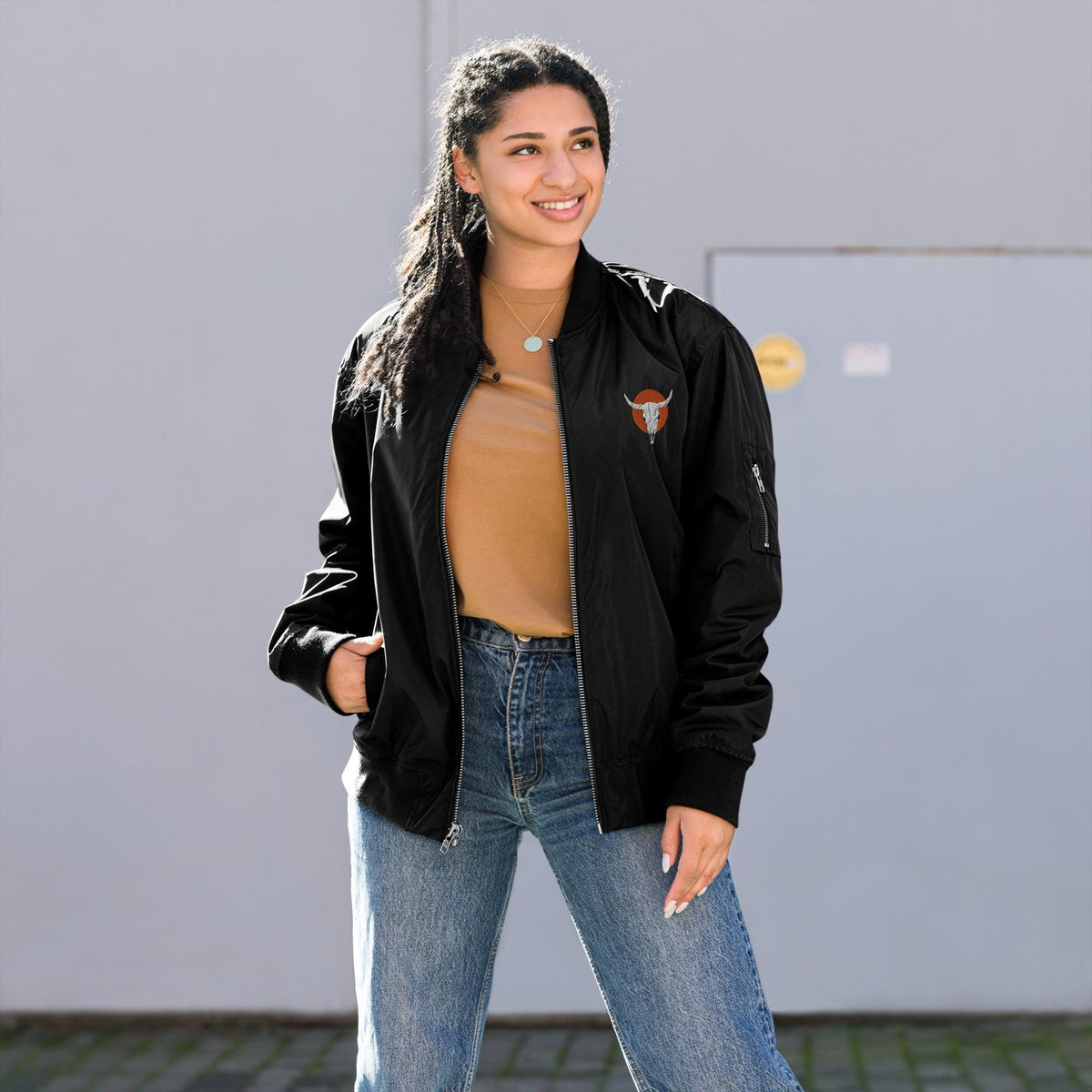 Bomber Jacket | Cow Skull Embroidered Premium Recycled Jacket | Unique Vintage Fashion Outerwear for Eco-Friendly Style