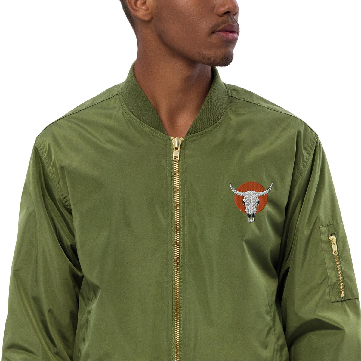 Bomber Jacket | Cow Skull Embroidered Premium Recycled Jacket | Unique Vintage Fashion Outerwear for Eco-Friendly Style