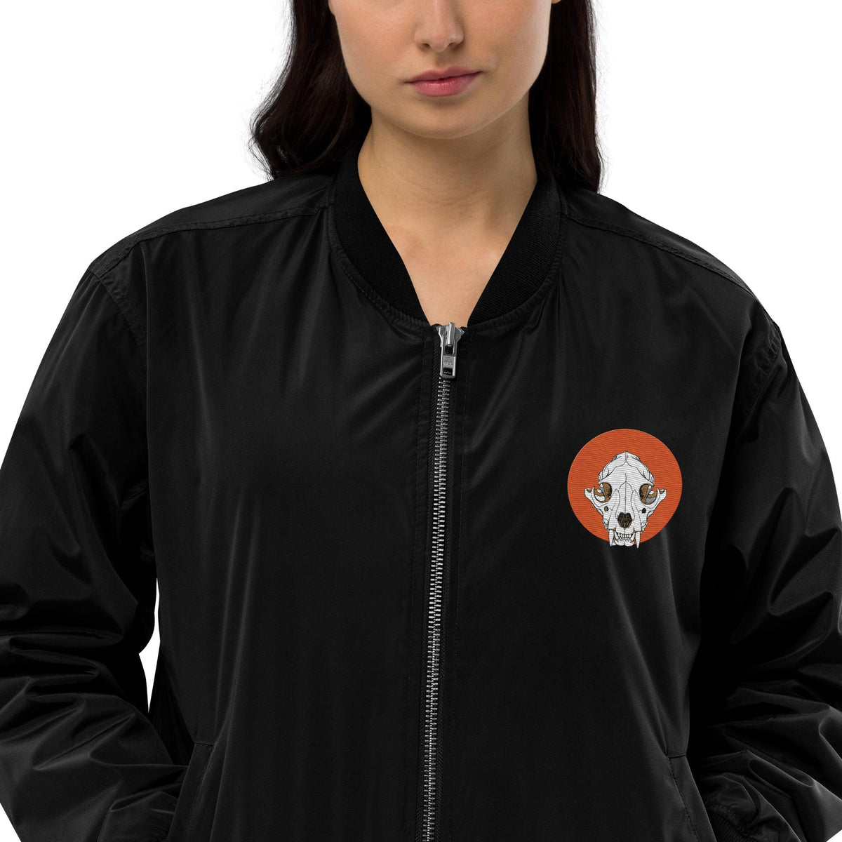 Mountain Lion Skull Embroidered Bomber Jacket | Animal Skull Embroidery Design