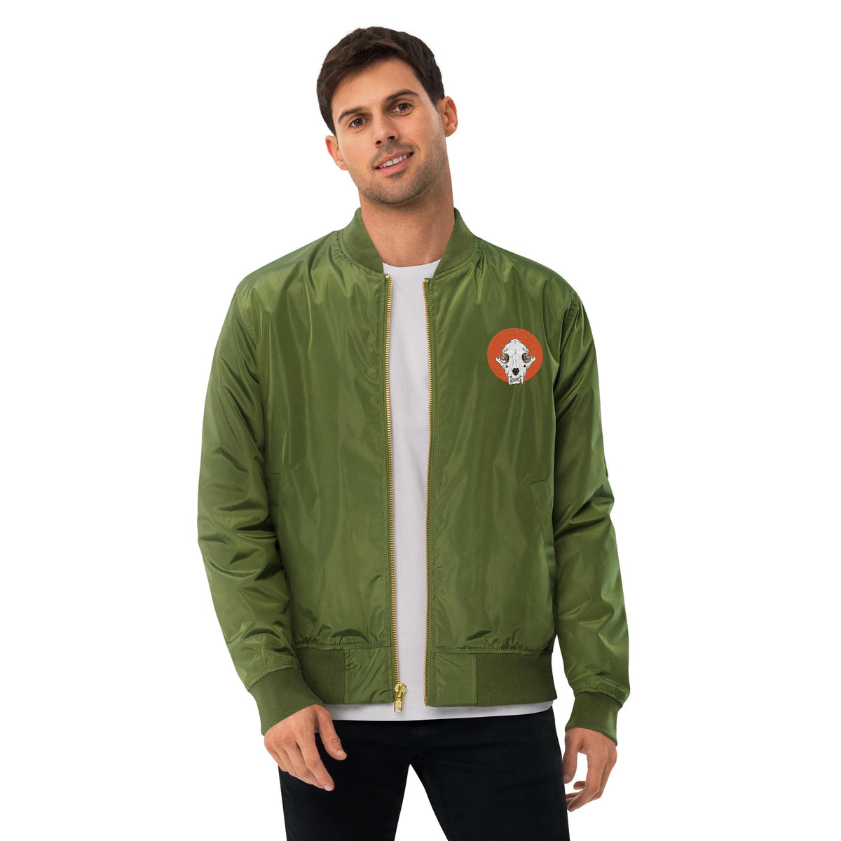 Mountain Lion Skull Embroidered Bomber Jacket | Animal Skull Embroidery Design