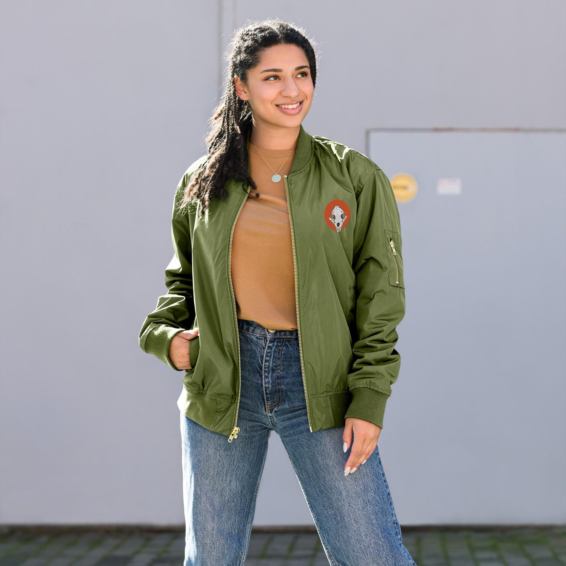 Mountain Lion Skull Embroidered Bomber Jacket | Animal Skull Embroidery Design