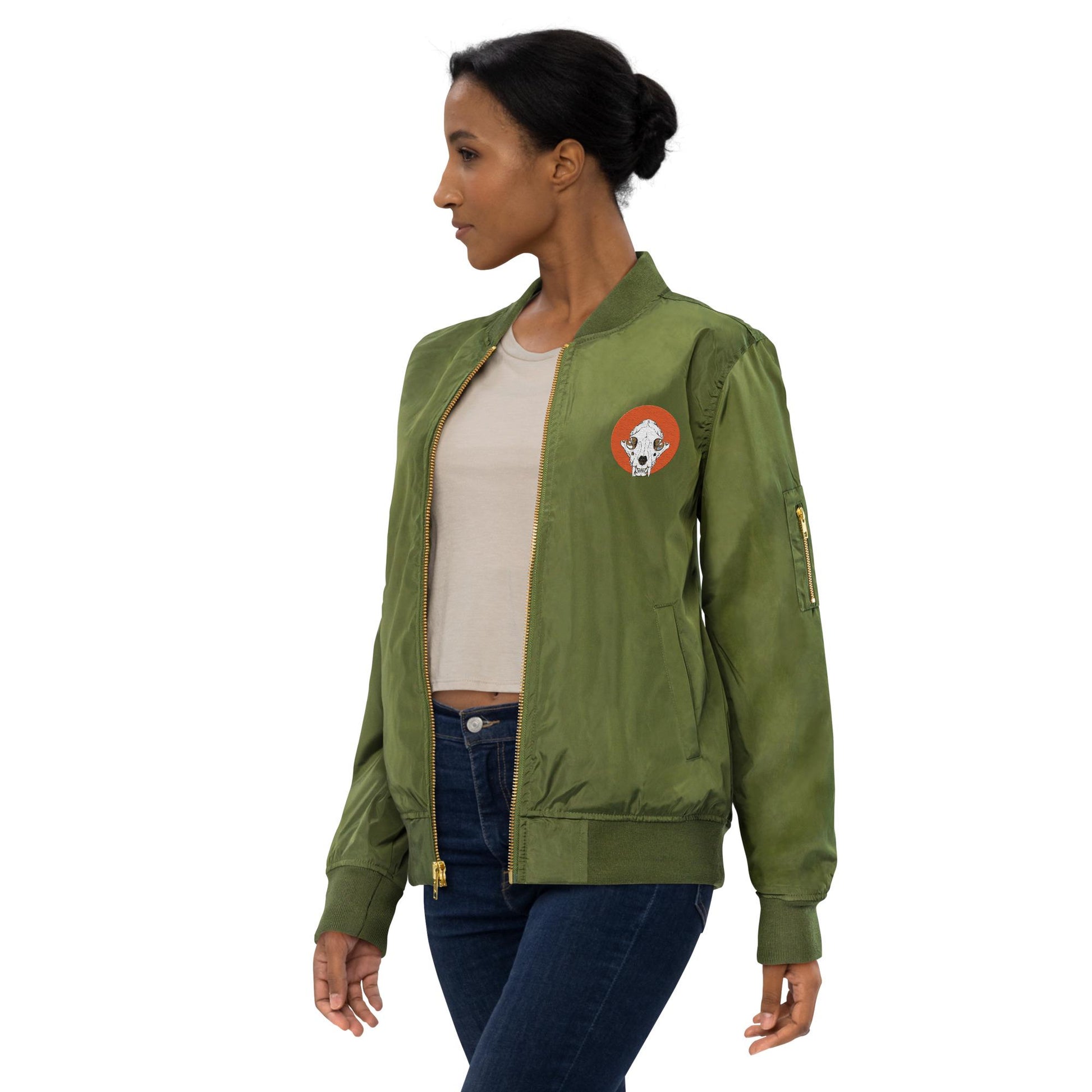 Mountain Lion Skull Embroidered Bomber Jacket | Animal Skull Embroidery Design