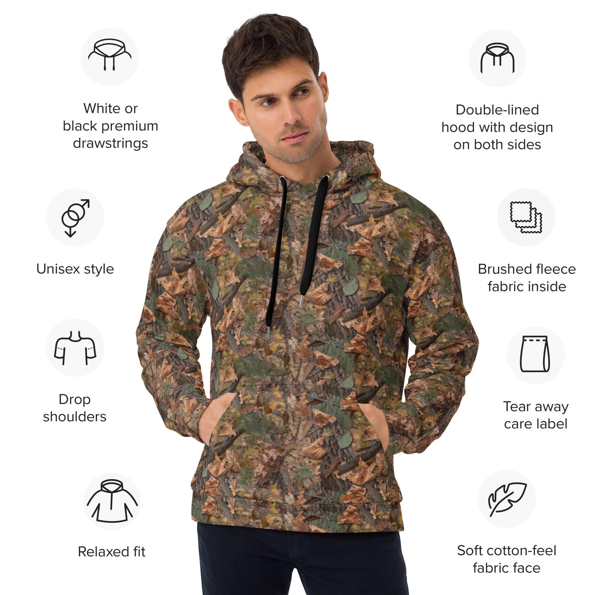 Hoodie | Unisex Woodland Pattern Hoodie | Hunting Style All Over Print | Foliage Camouflage Sweatshirt | Nature Lover Gift
