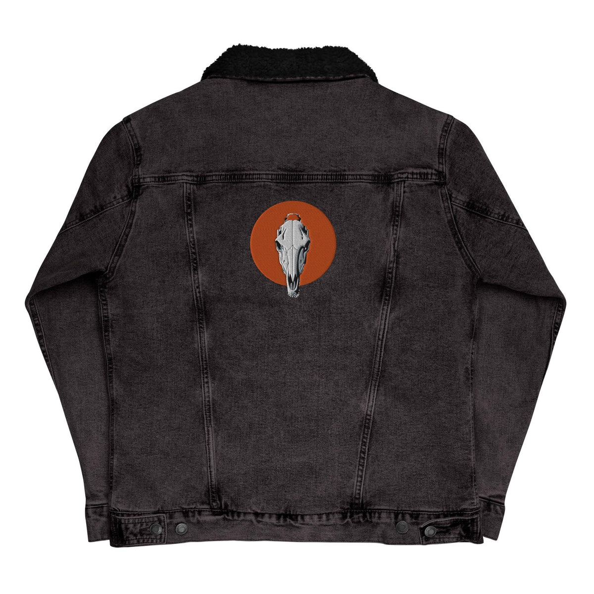Embroidered Horse Skull Sherpa Denim Jacket | Unique Sherpa Trucker Jacket | Stylish Unisex Outerwear