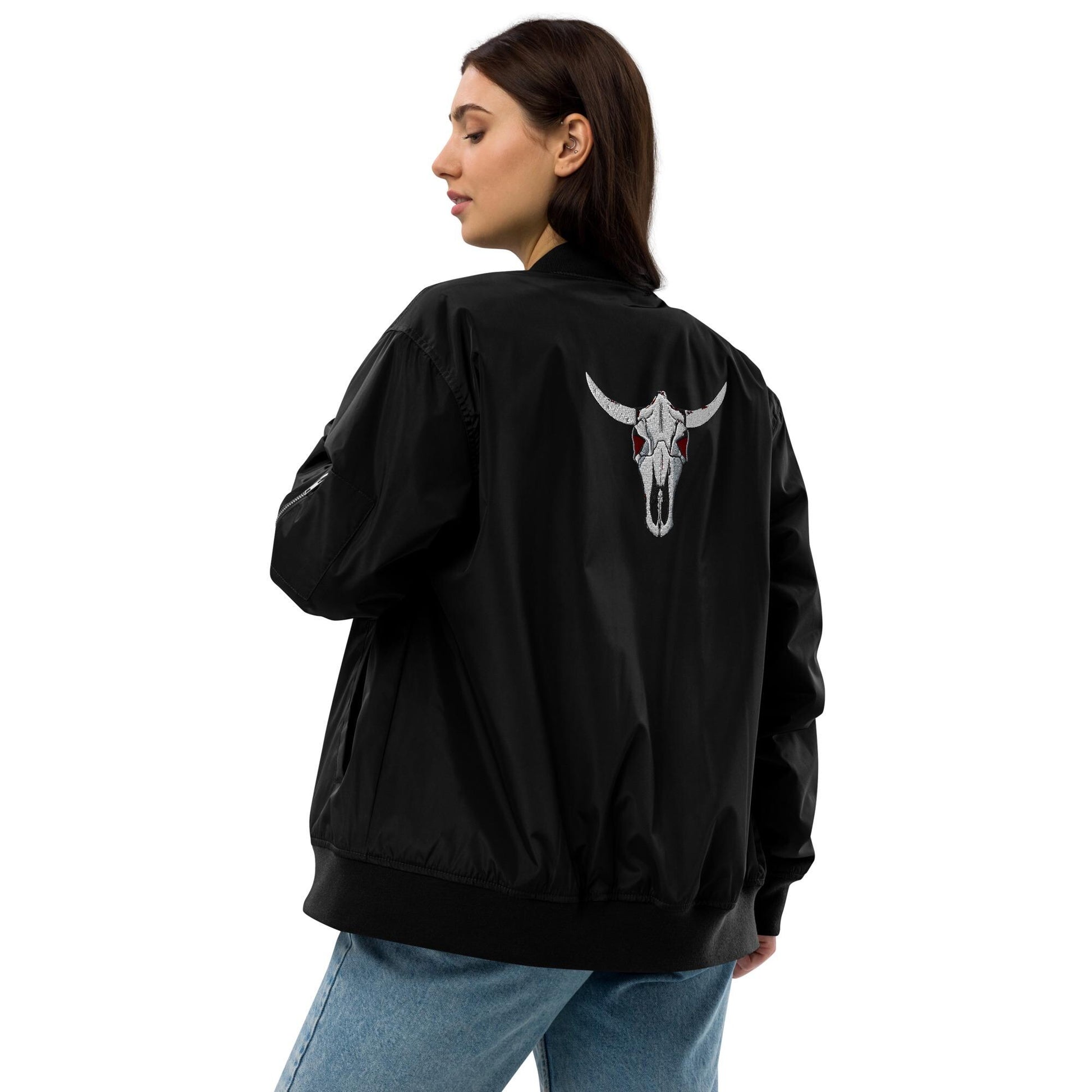 Embroidered Cow Skull Bomber Jacket | Premium Recycled Jacket | Unique Embroidery, Fashion-Forward Outerwear, Gift for Her
