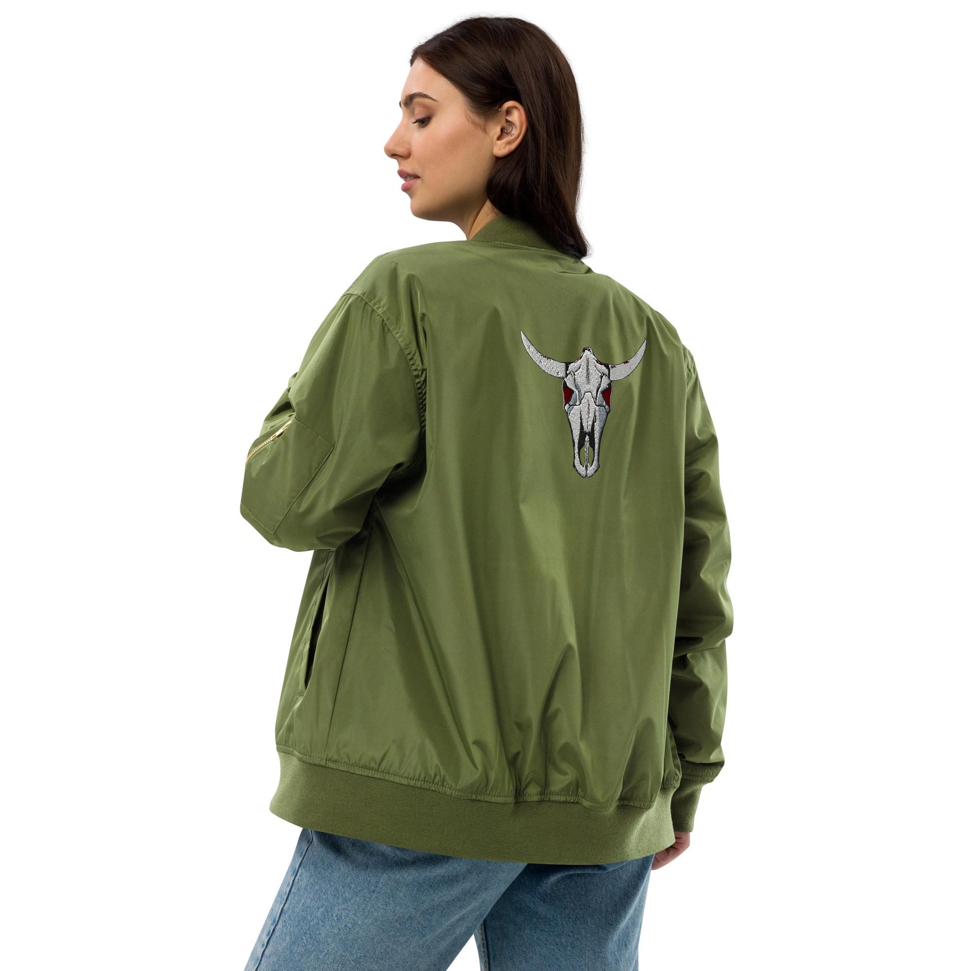 Embroidered Cow Skull Bomber Jacket | Premium Recycled Jacket | Unique Embroidery, Fashion-Forward Outerwear, Gift for Her