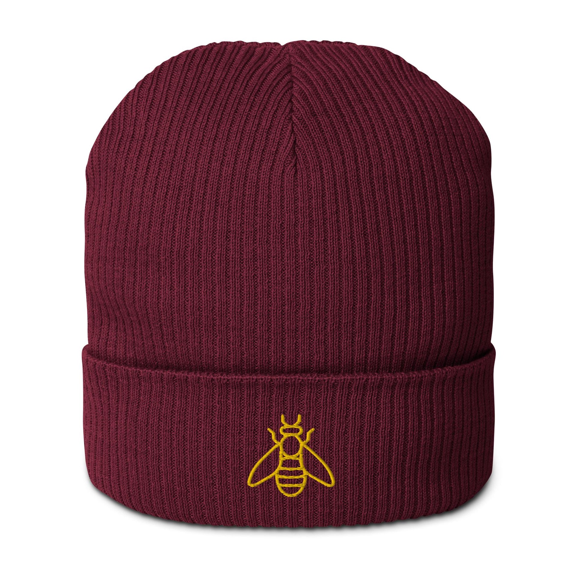Honeybee Beanie | Organic Ribbed Winter Hat | Embroidered Honeybee Design | Save the Bees Accessories