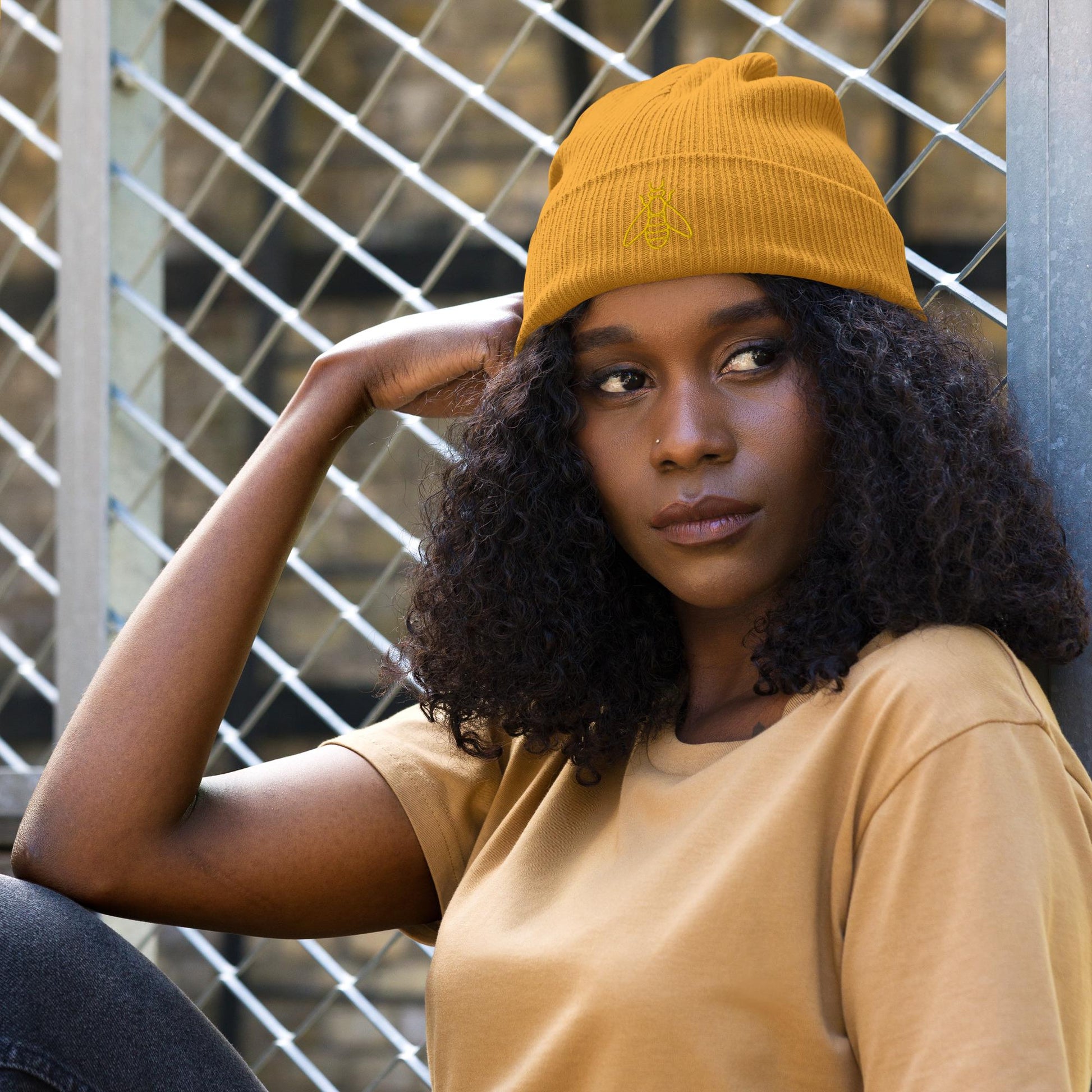 Honeybee Beanie | Organic Ribbed Winter Hat | Embroidered Honeybee Design | Save the Bees Accessories