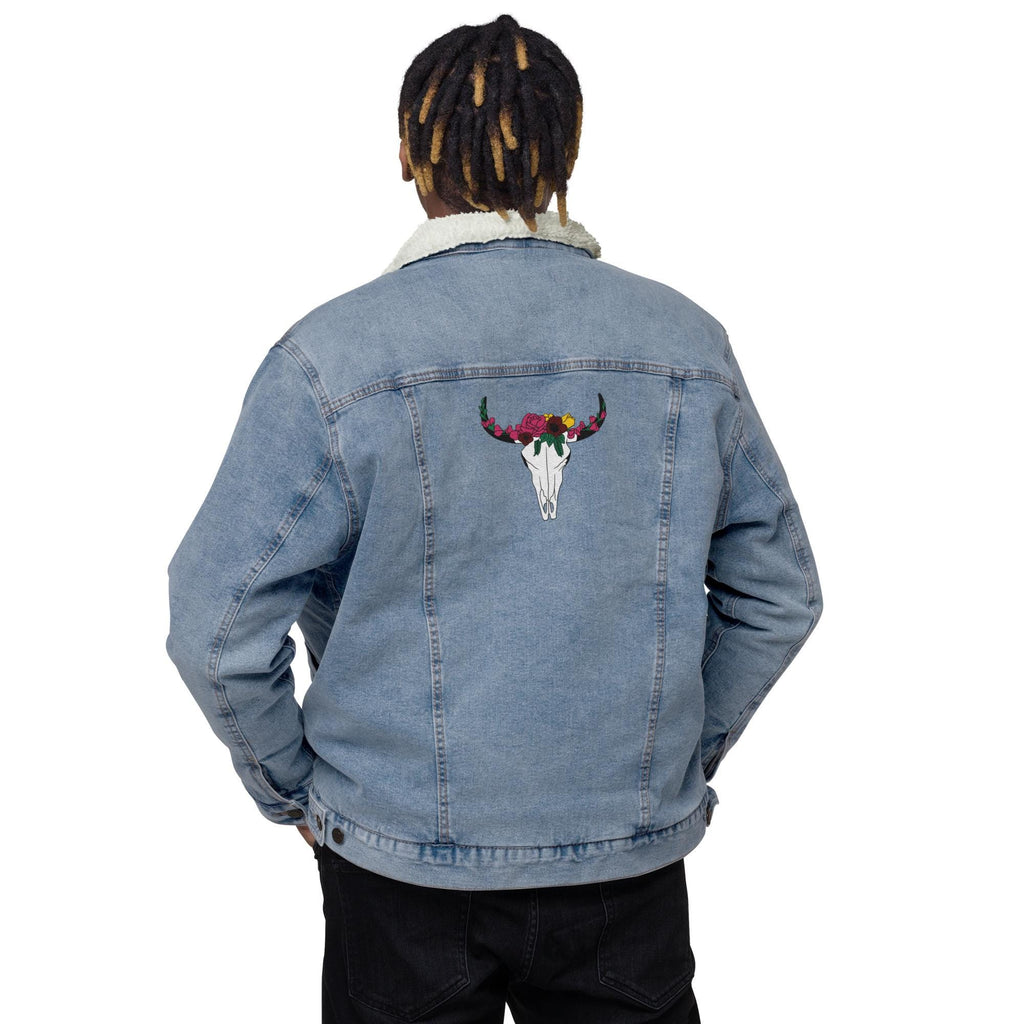 Embroidered Floral Cow Skull Denim Sherpa Jacket | Unisex Jean Jacket | Western Boho Style Outerwear