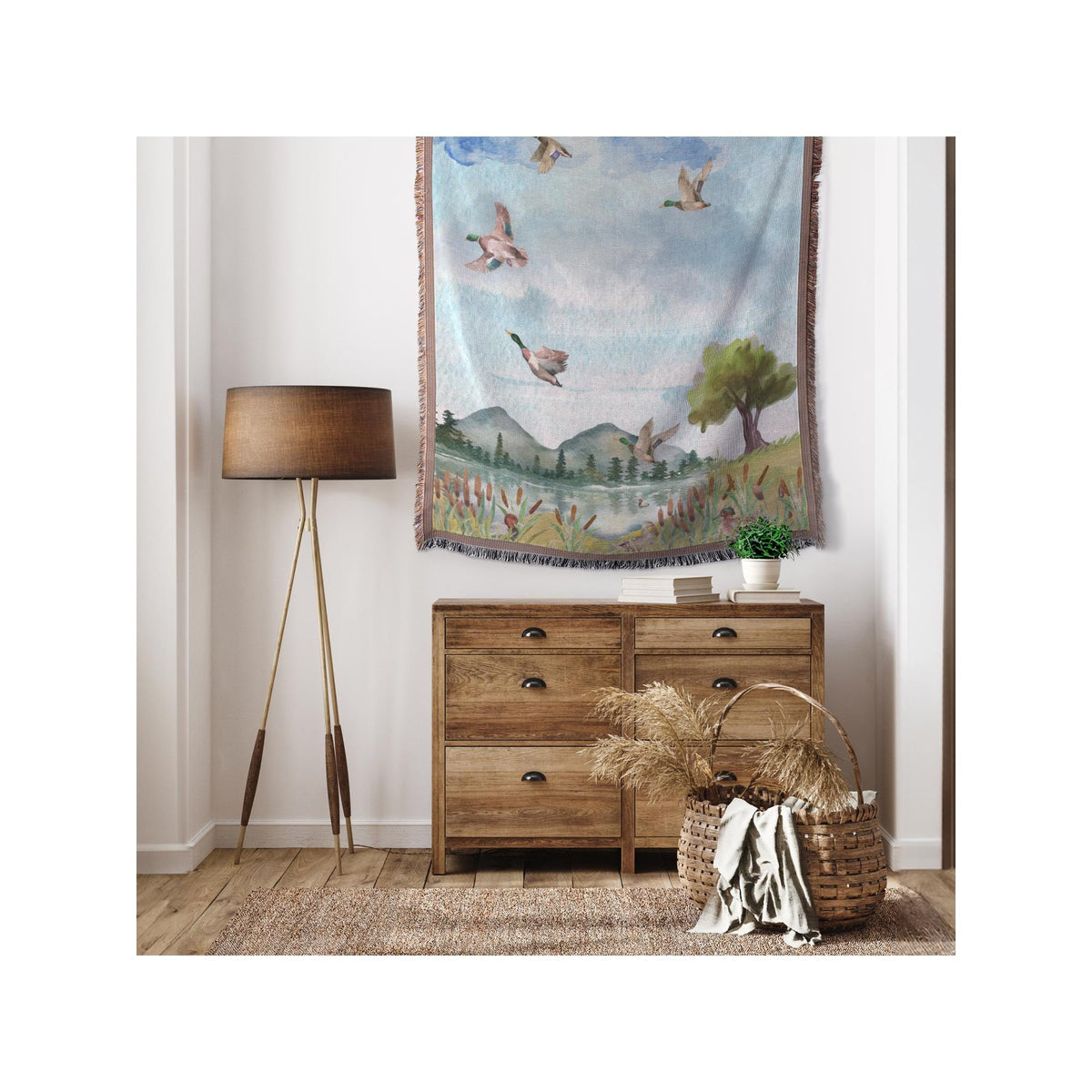 Cottagecore Blanket | Mallard Ducks Flying | Lake & Cattails Design | Rustic Mountain Decor