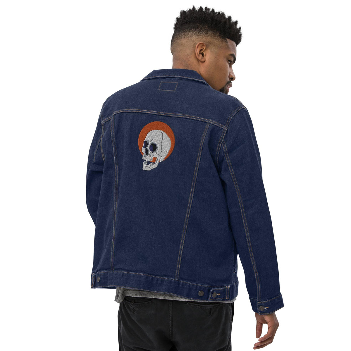 Embroidered Skull and Sun Denim Jacket | Unisex Trendy Outerwear, Unique Fashion Statement for All
