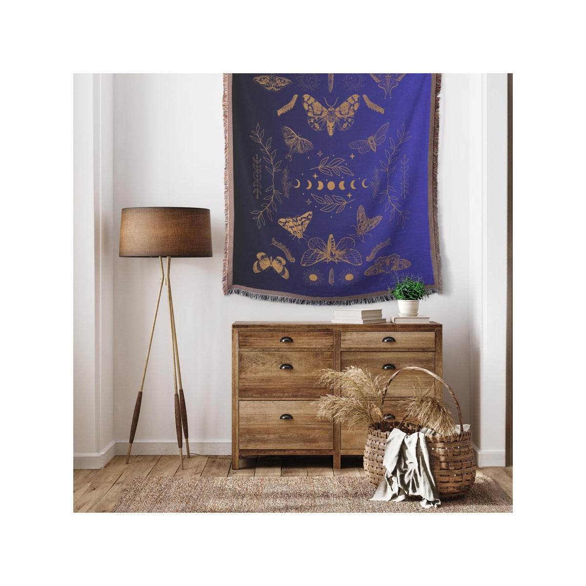Moths & Moon Phases Throw | Boho Aesthetic Blanket | Witchy Home Decor | Cozy Woven Throw