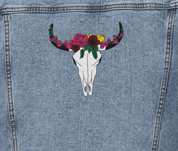 Embroidered Floral Cow Skull Denim Sherpa Jacket | Unisex Jean Jacket | Western Boho Style Outerwear