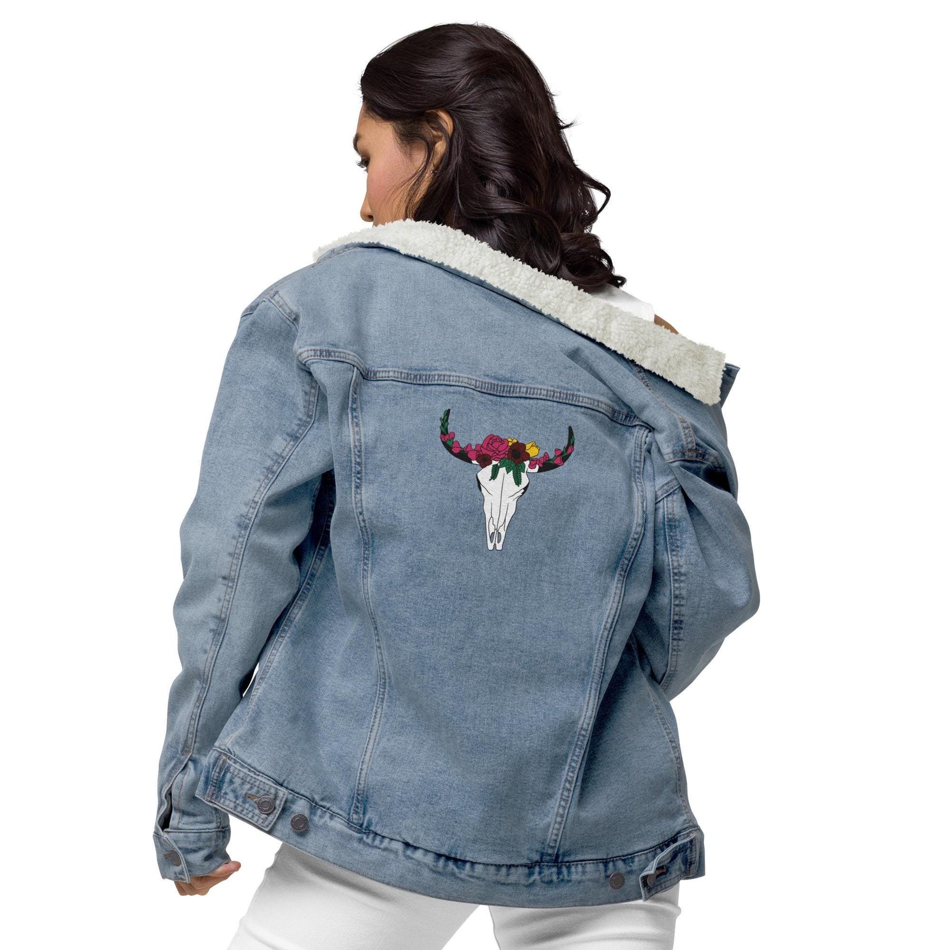 Embroidered Floral Cow Skull Denim Sherpa Jacket | Unisex Jean Jacket | Western Boho Style Outerwear
