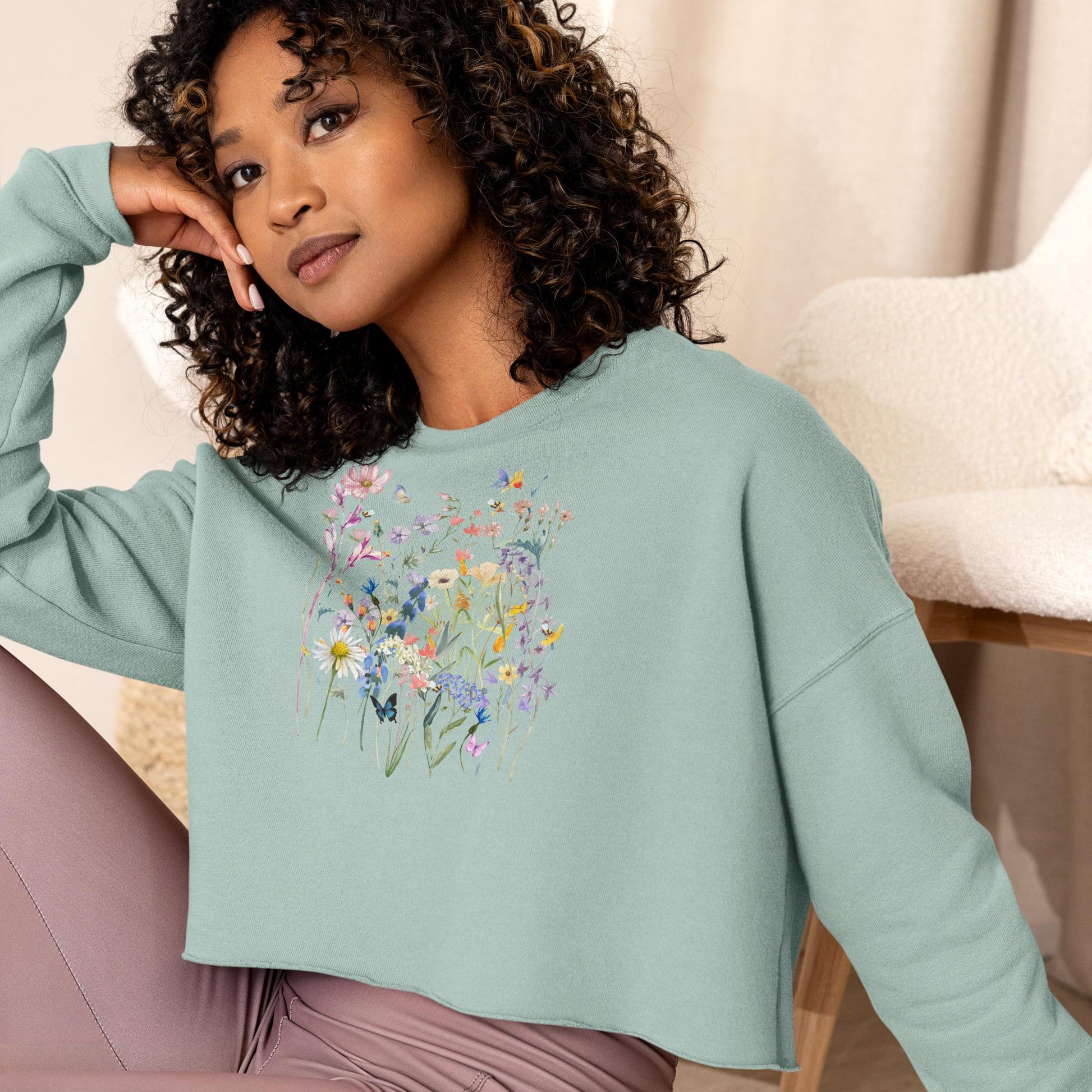 Watercolor Wildflowers Crop Sweatshirt | Botanical Floral Shirt | Cottagecore | Boho | Gift For Gardeners and Nature Lovers