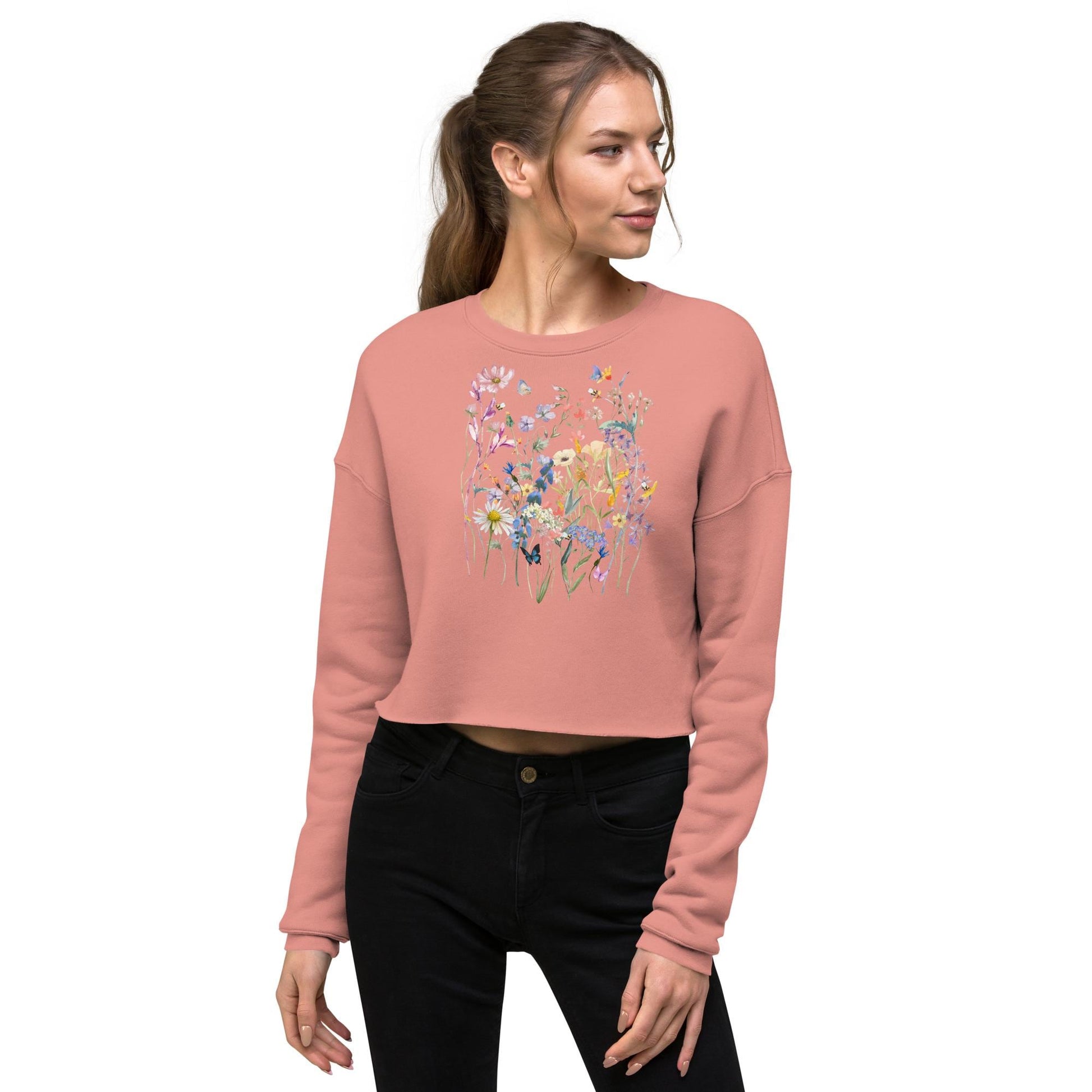 Watercolor Wildflowers Crop Sweatshirt | Botanical Floral Shirt | Cottagecore | Boho | Gift For Gardeners and Nature Lovers