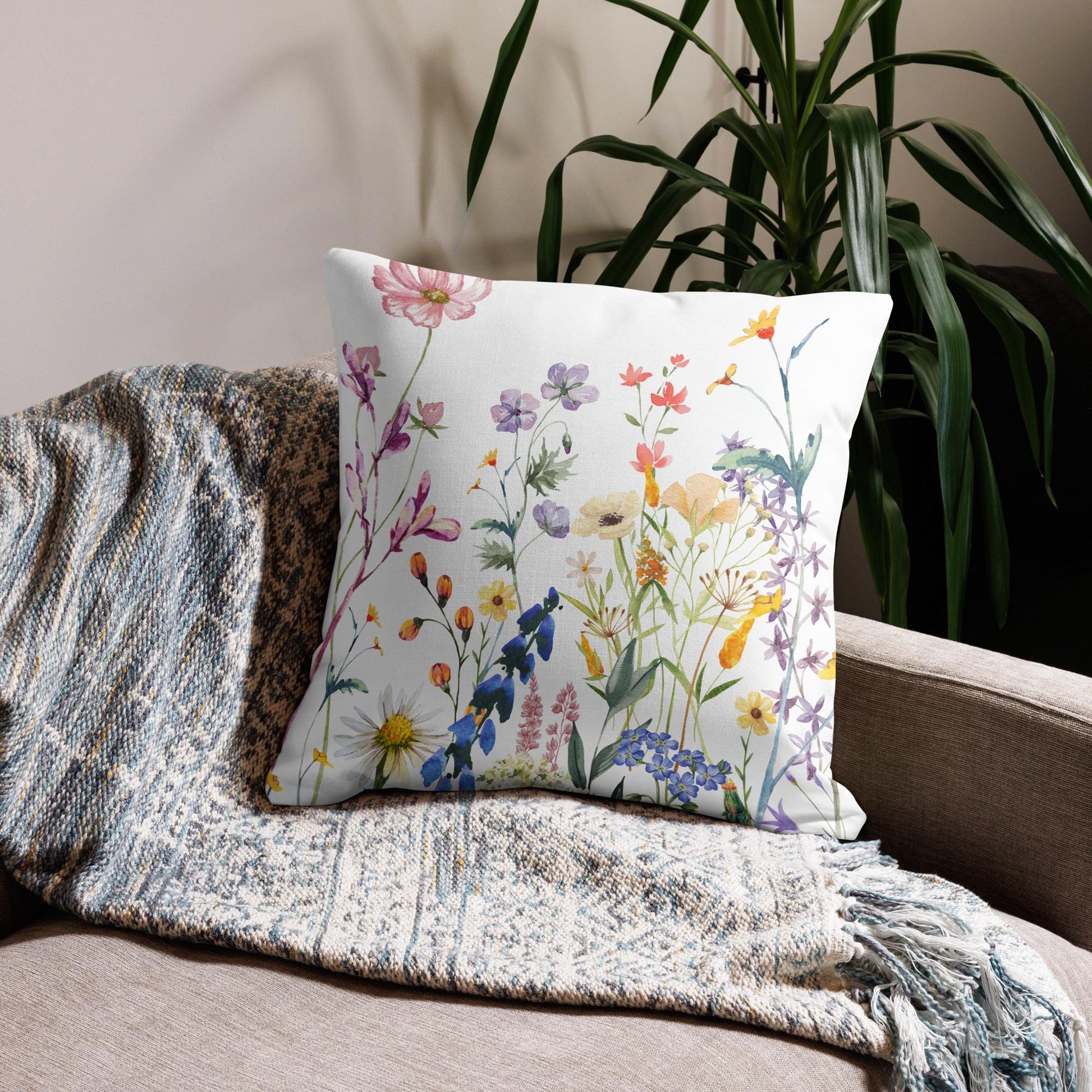 Watercolor Wildflowers Premium Pillow | Boho Floral Pillow | Cottagecore Botanical Accent