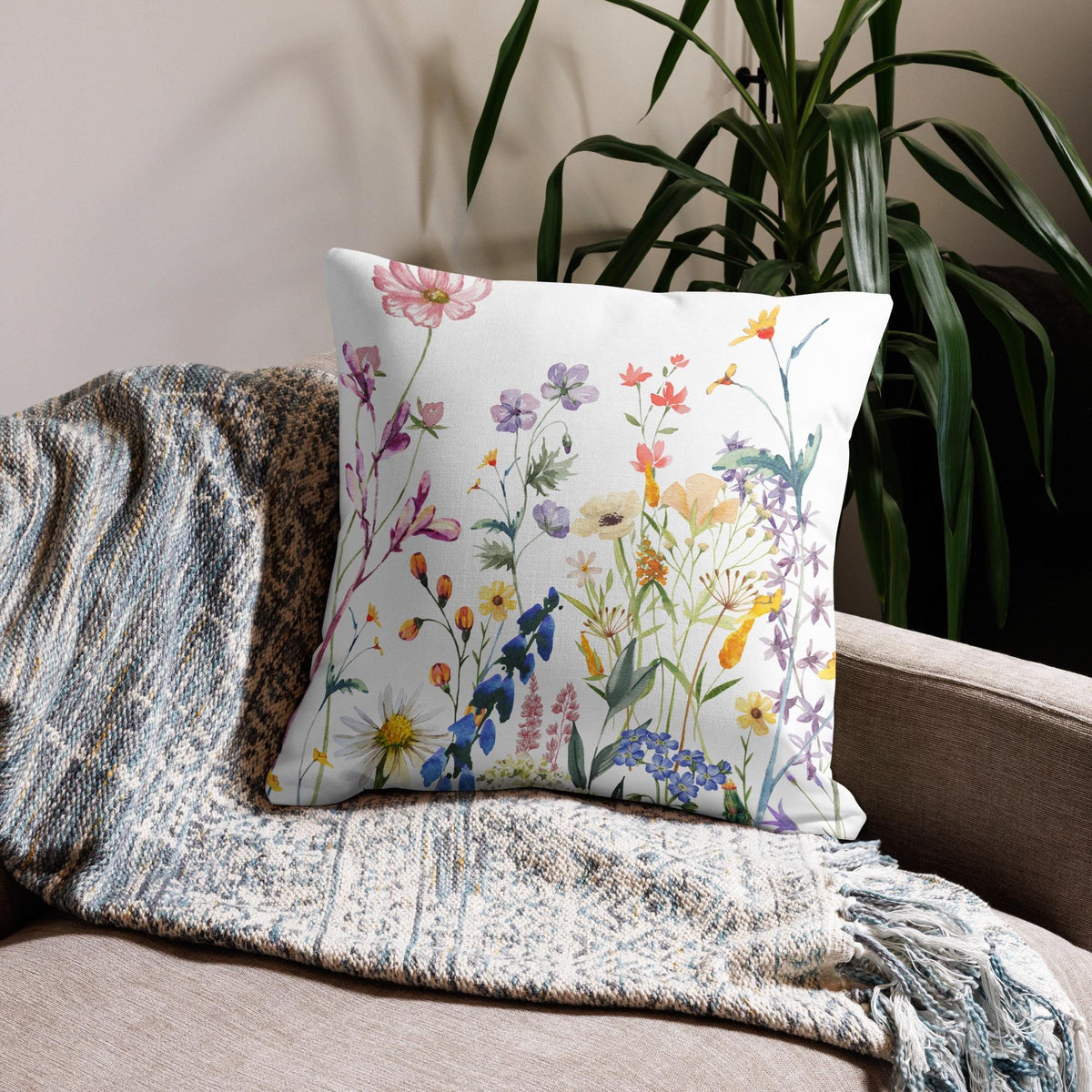 Watercolor Wildflowers Premium Pillow | Boho Floral Pillow | Cottagecore Botanical Accent