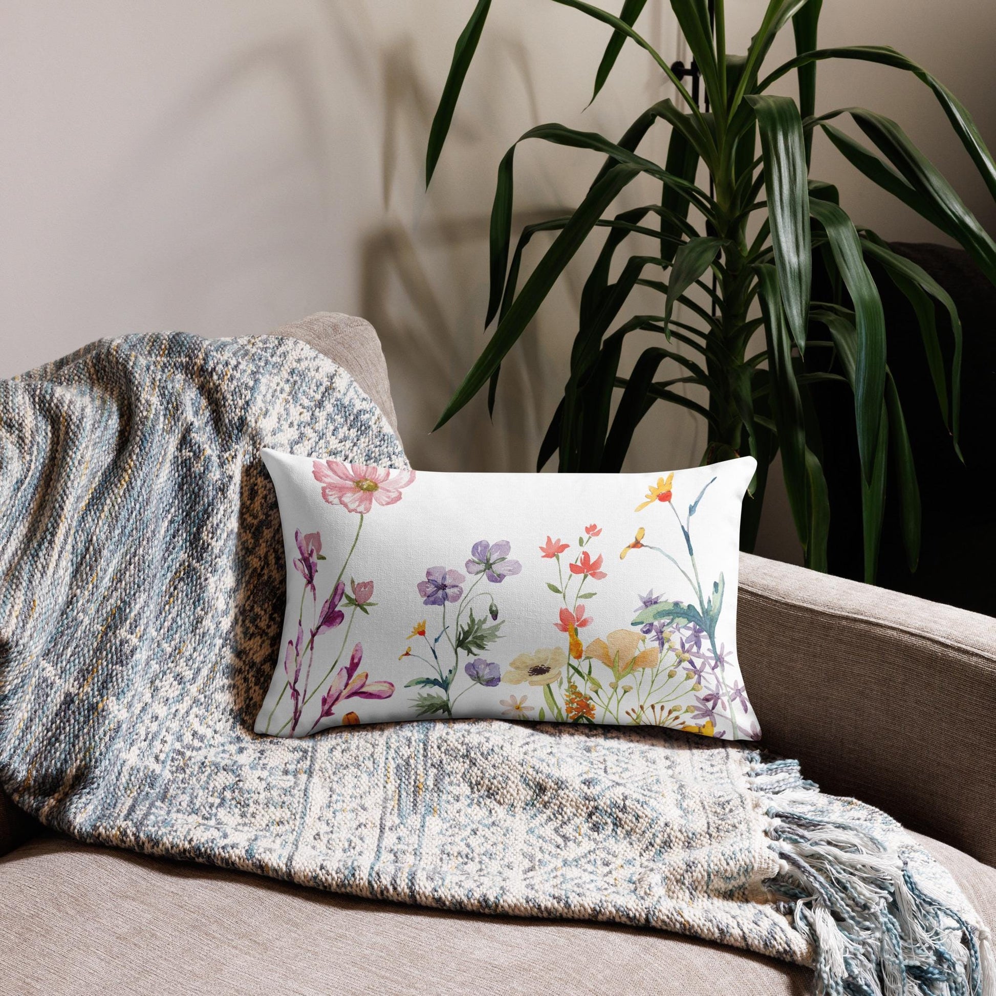Watercolor Wildflowers Premium Pillow | Boho Floral Pillow | Cottagecore Botanical Accent