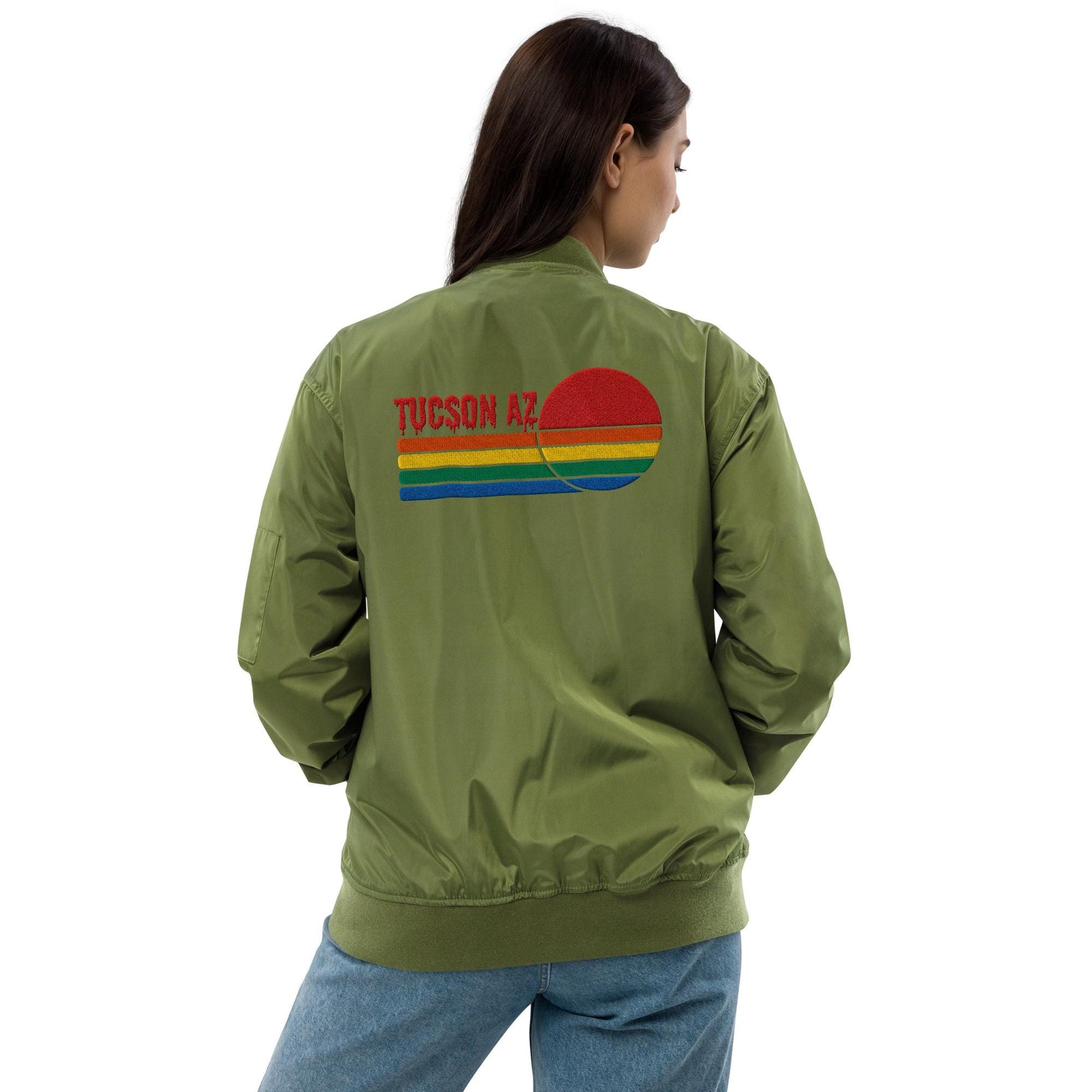 Tucson Drip Bomber Jacket | Red Sun Design | Arizona Style for Sunshine Lovers | Trendy Outerwear