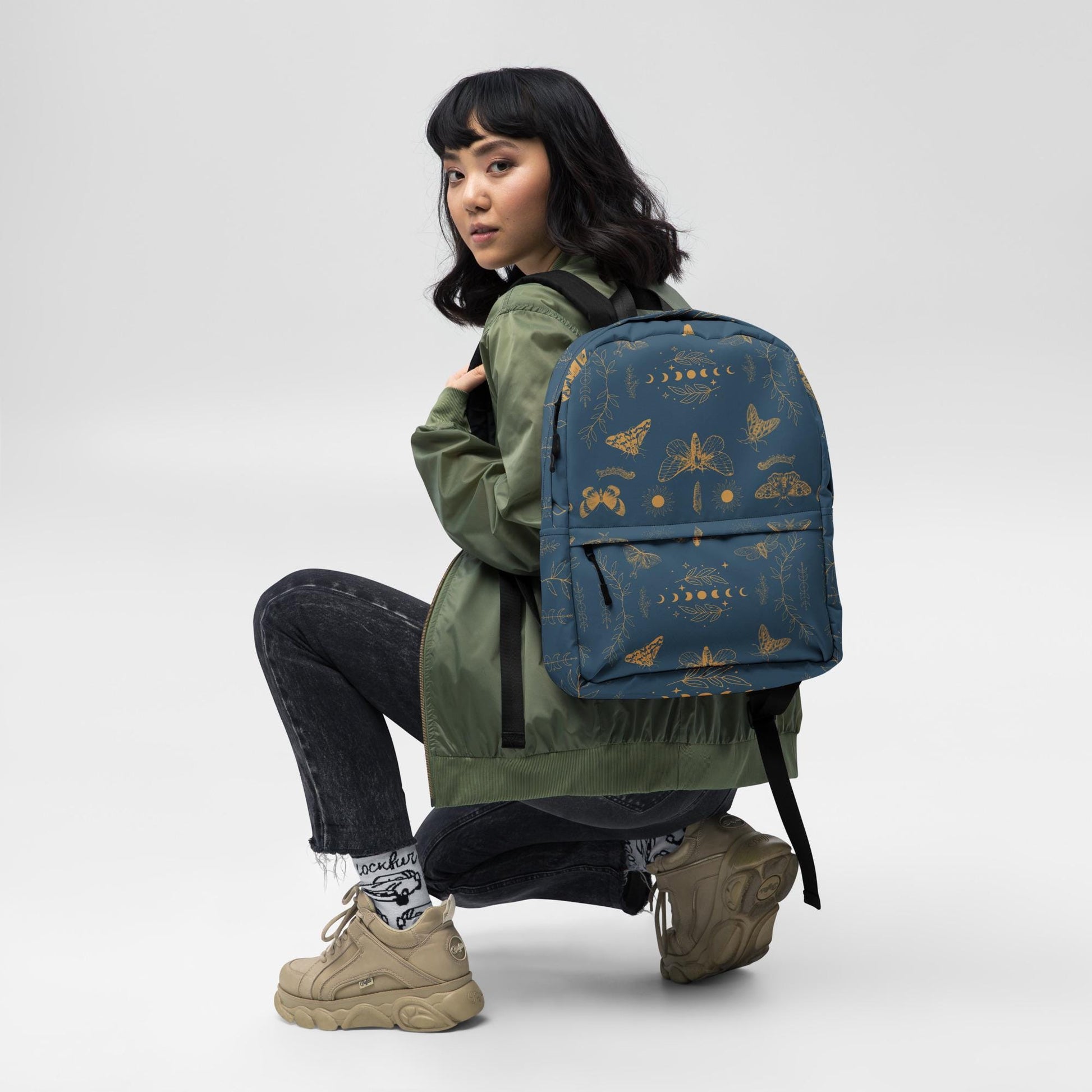 Moths and Moon Phases Backpack | Celestial Boho Gear for Nature Lovers & Stargazers