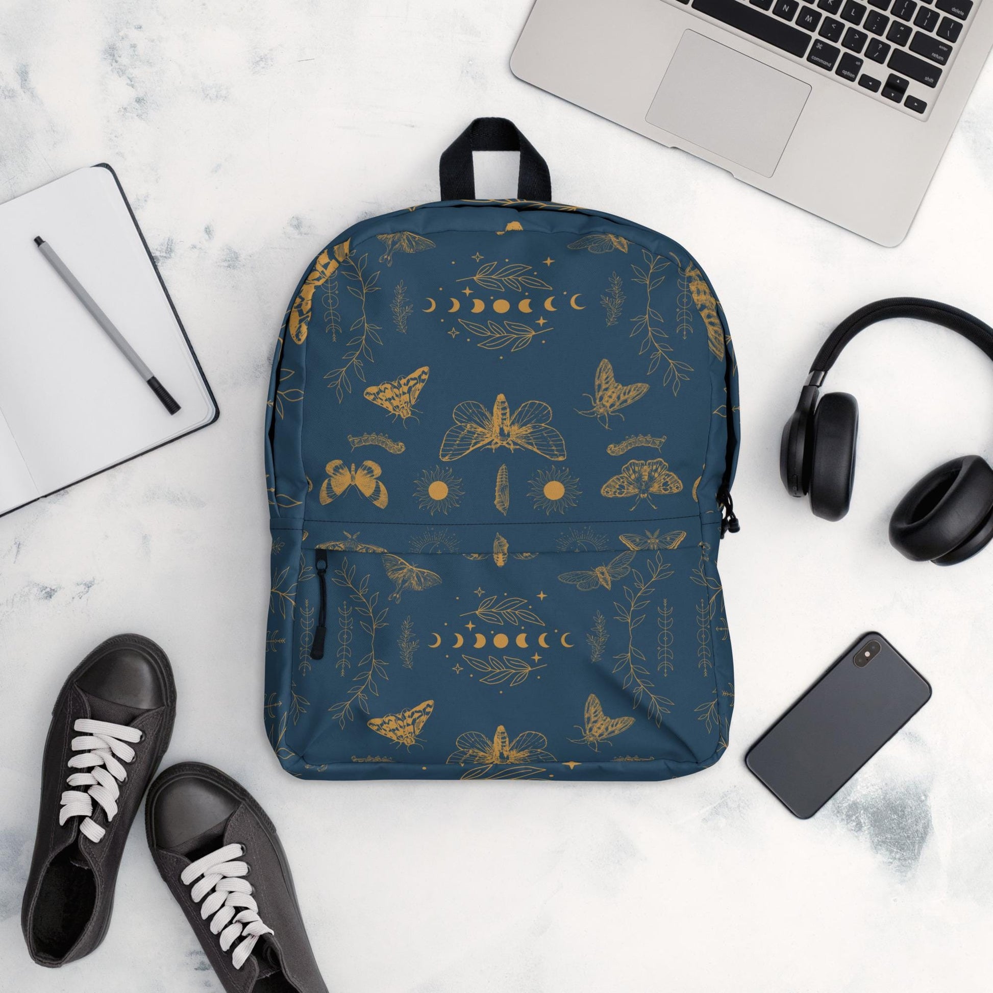 Moths and Moon Phases Backpack | Celestial Boho Gear for Nature Lovers & Stargazers