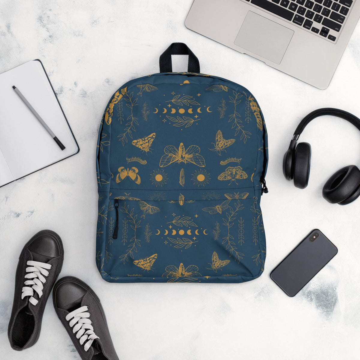 Moths and Moon Phases Backpack | Celestial Boho Gear for Nature Lovers & Stargazers