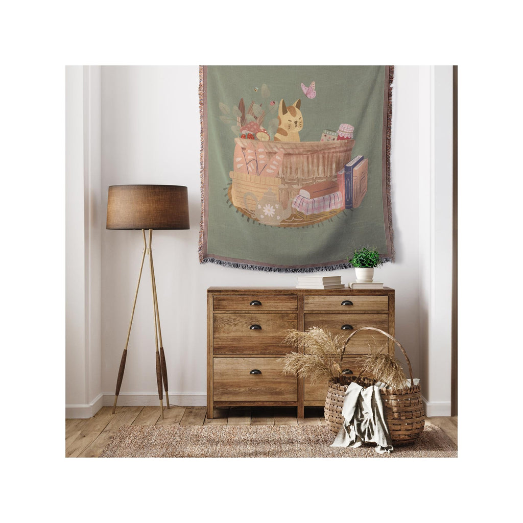 Cat in a Basket | Cottagecore Woven Throw | Cozy Rustic Blanket | Cute Cat Blanket | Farmhouse Vibes