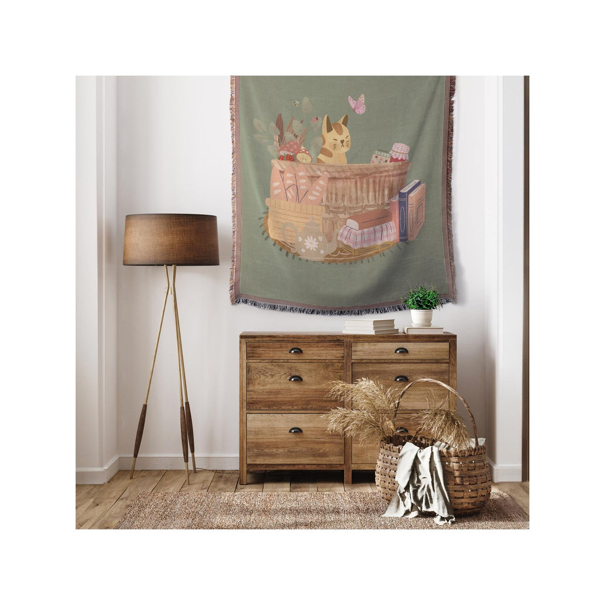Cat in a Basket | Cottagecore Woven Throw | Cozy Rustic Blanket | Cute Cat Blanket | Farmhouse Vibes