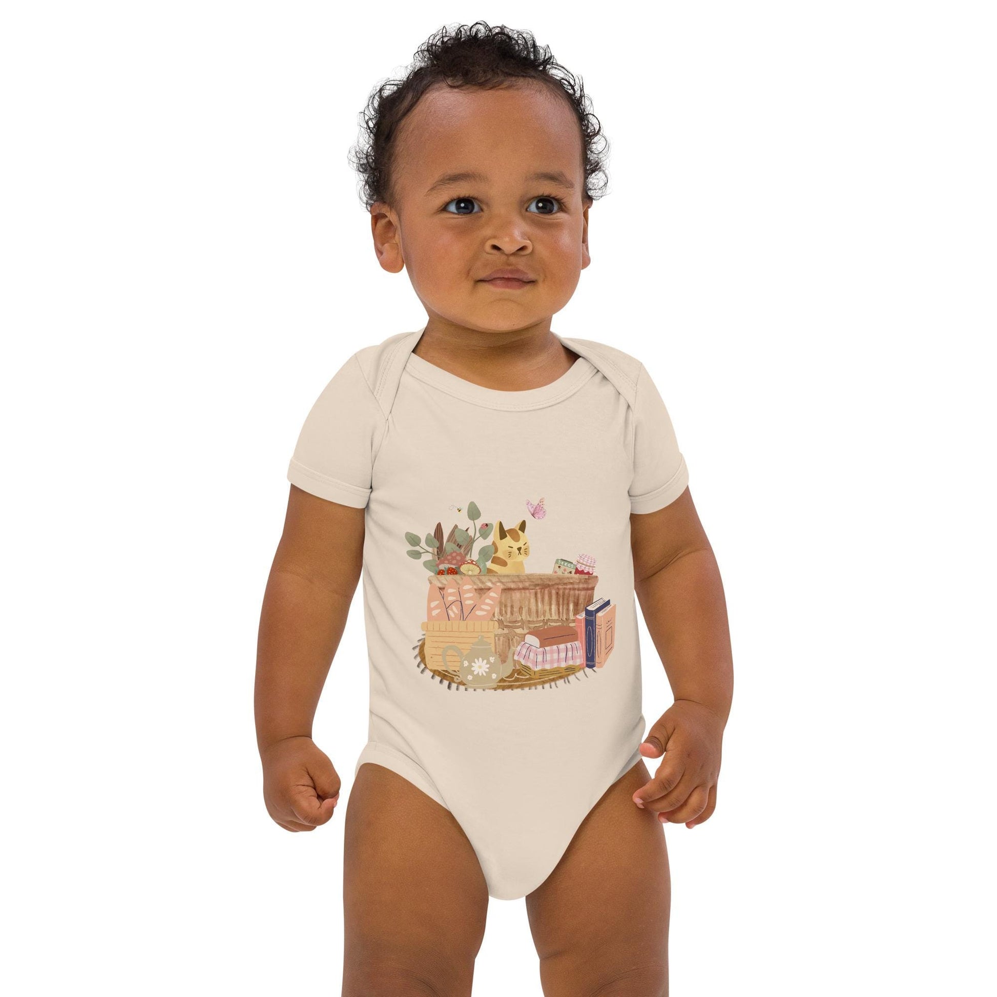 Cat in a Basket Baby Bodysuit | Cute Cottagecore Outfit | Adorable Farmhouse Cat Design