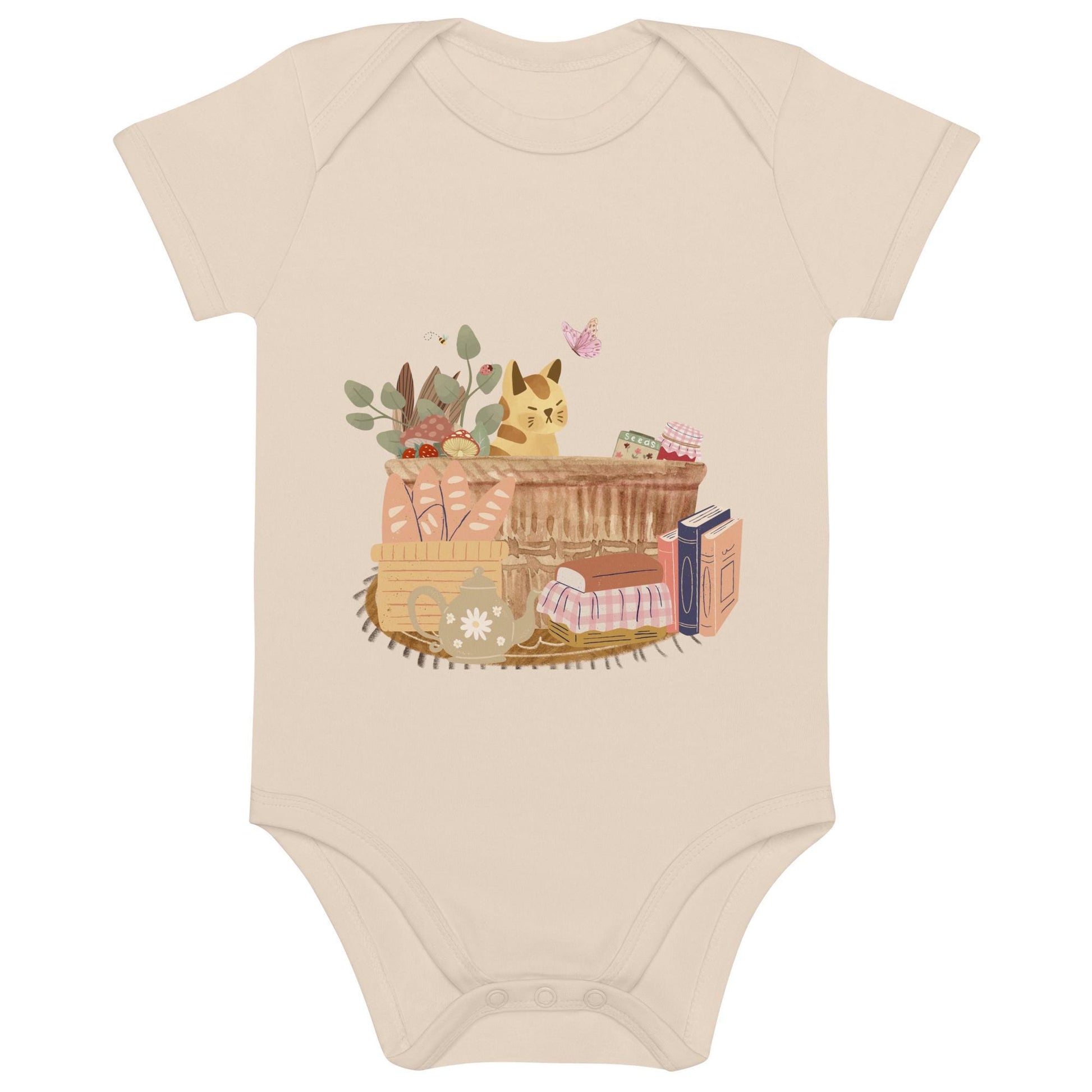 Cat in a Basket Baby Bodysuit | Cute Cottagecore Outfit | Adorable Farmhouse Cat Design