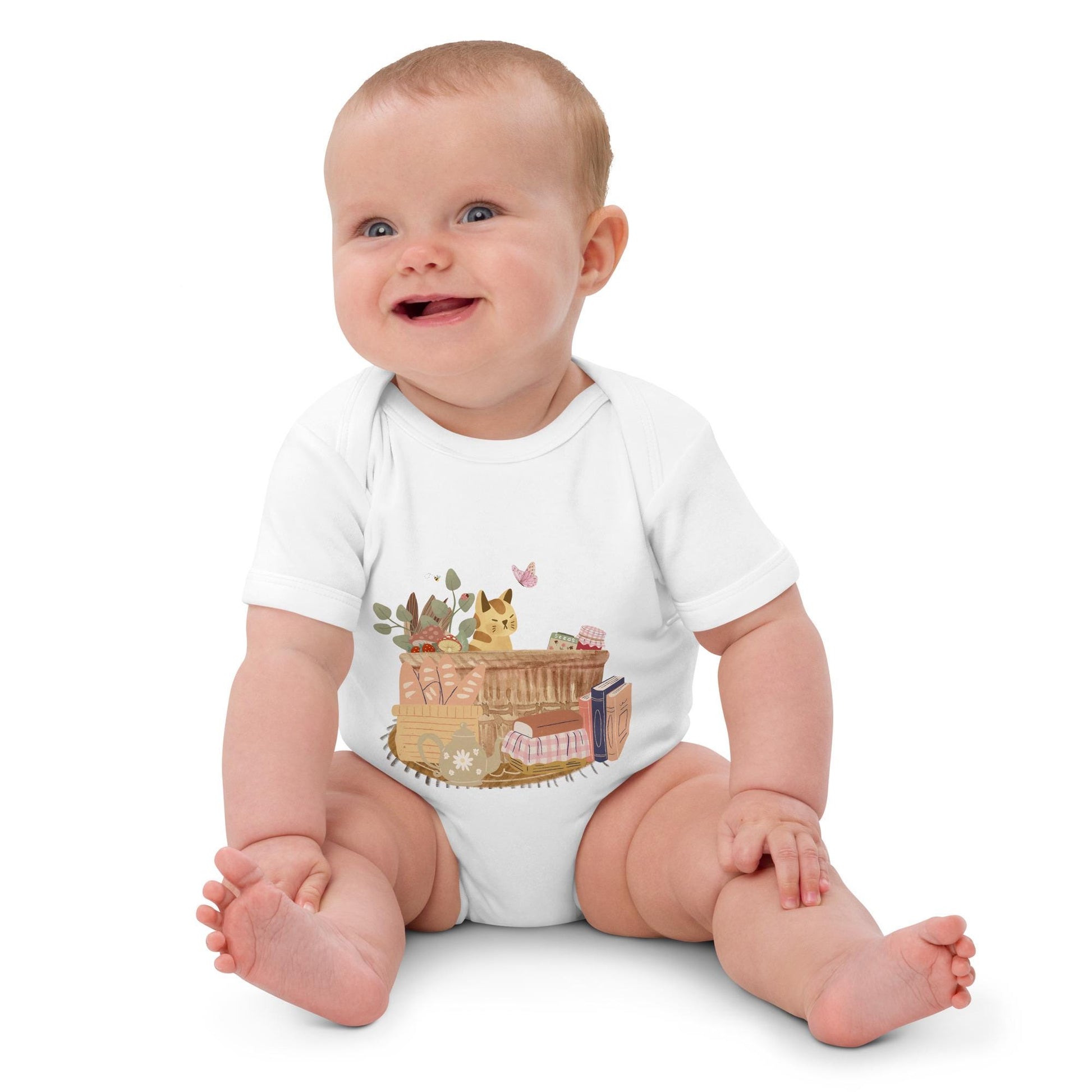 Cat in a Basket Baby Bodysuit | Cute Cottagecore Outfit | Adorable Farmhouse Cat Design
