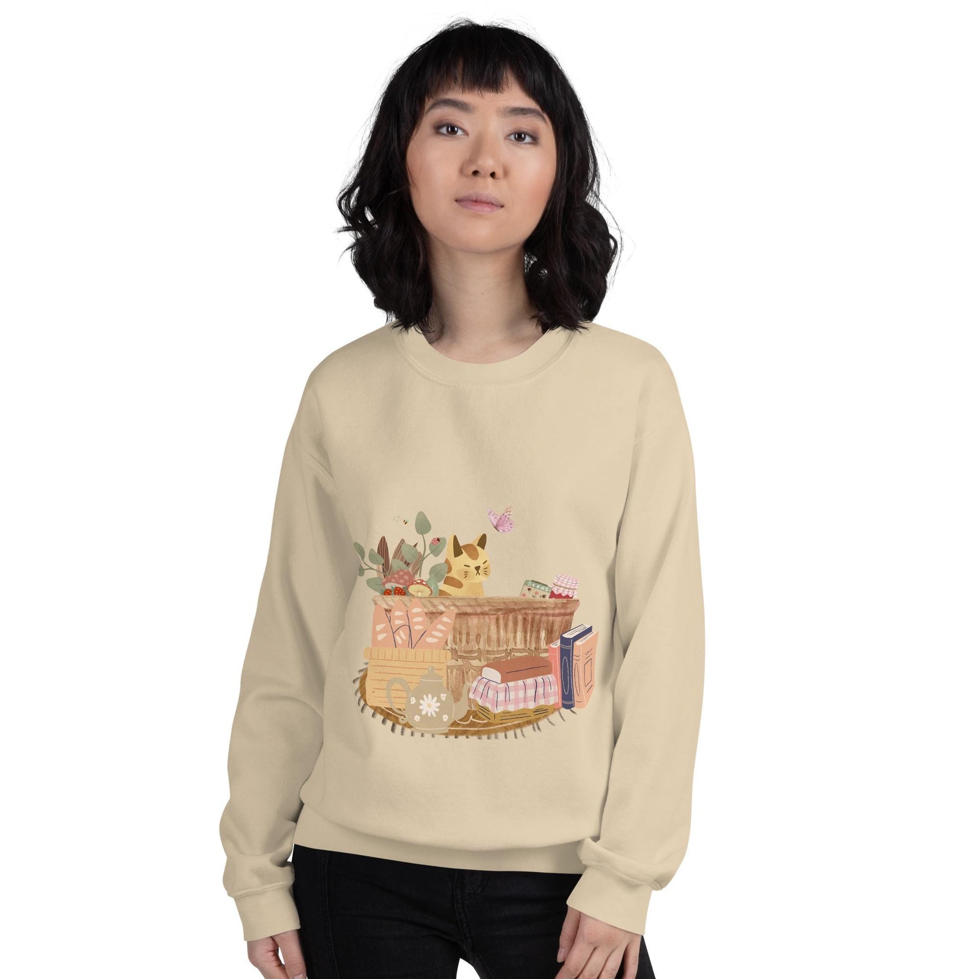 Cat in Basket Sweatshirt | Cute Cozy Cottagecore Shirt | Adorable Farmhouse Cat Design