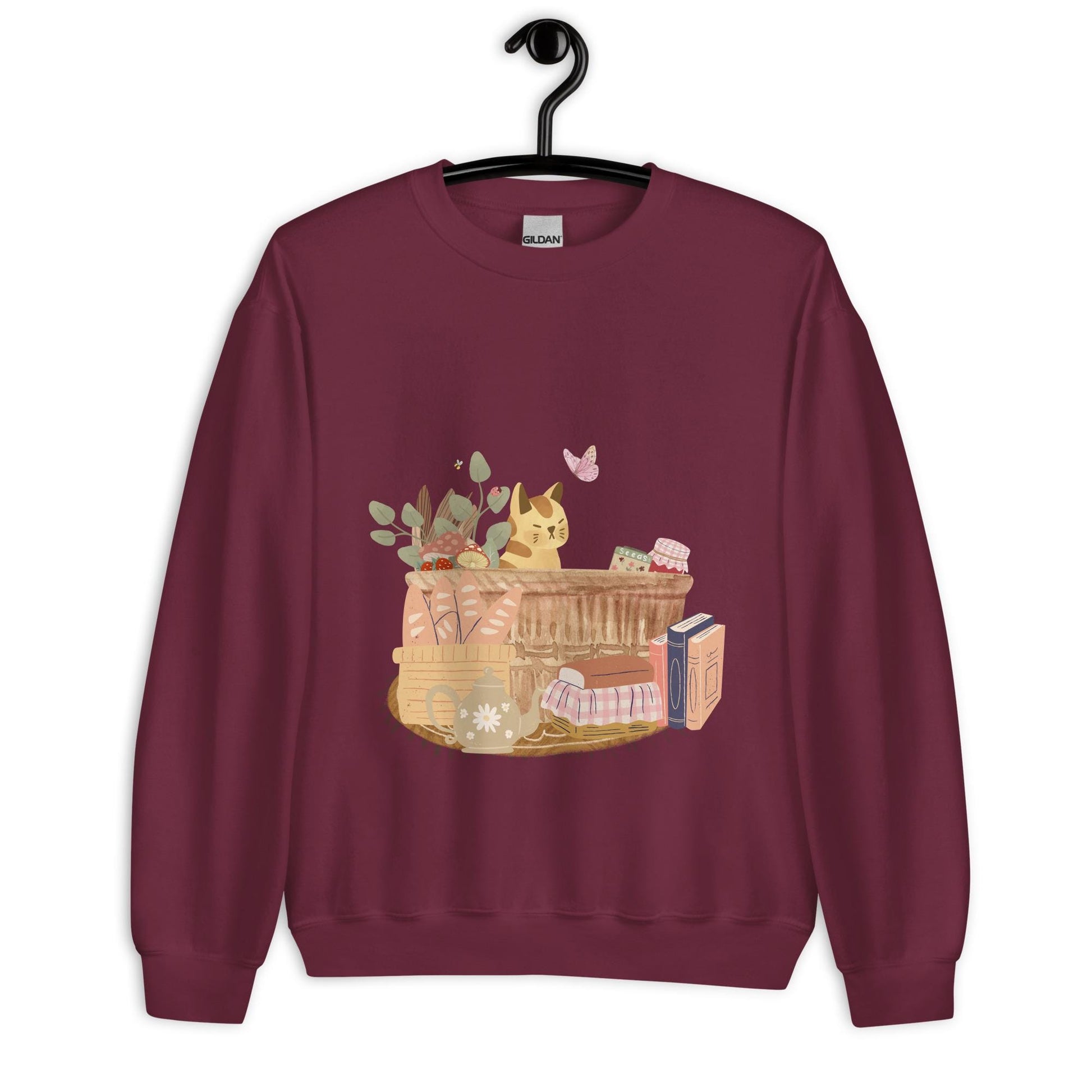 Cat in Basket Sweatshirt | Cute Cozy Cottagecore Shirt | Adorable Farmhouse Cat Design