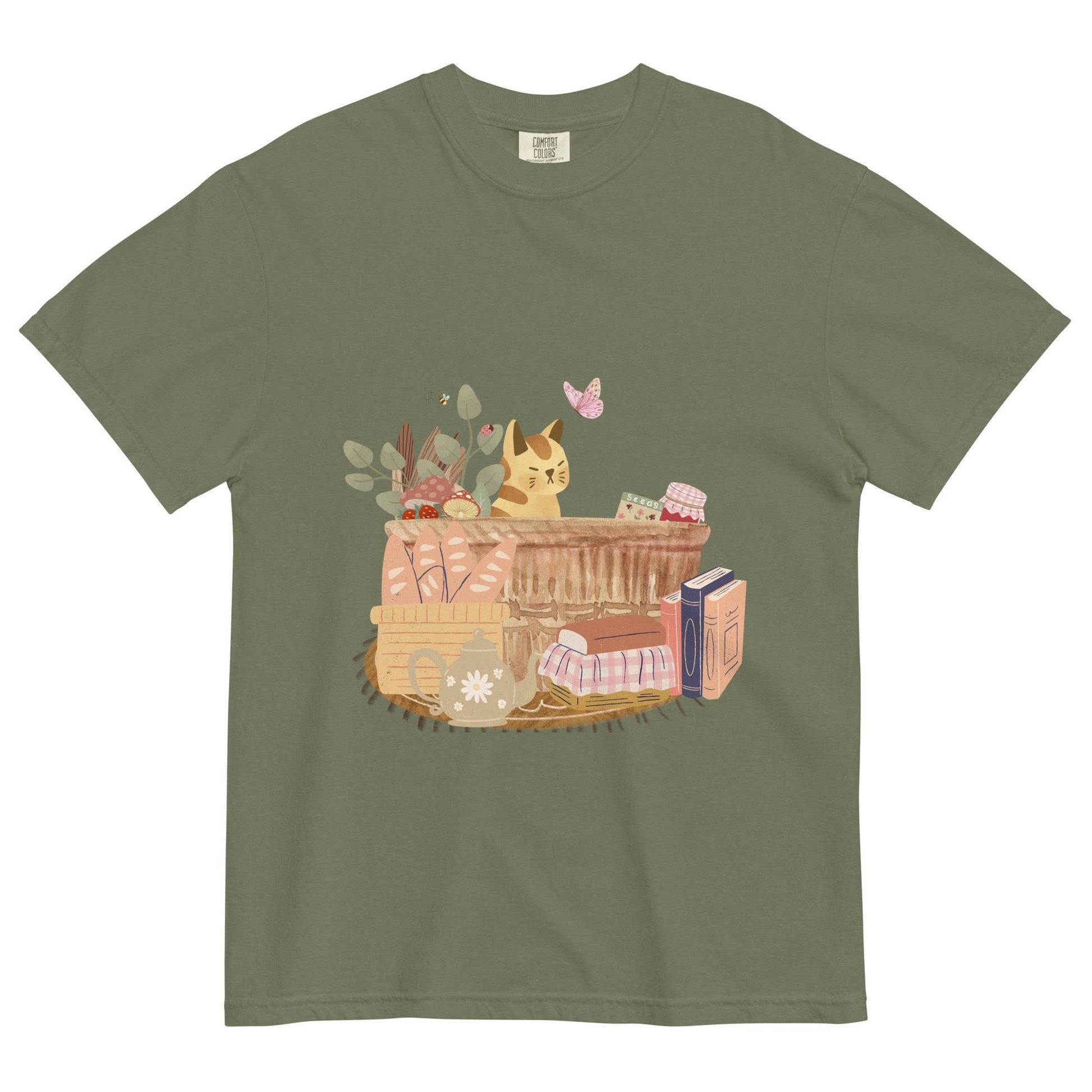 Cat in a Basket Tee | Cute Cottagecore T-Shirt | Adorable Farmhouse Cat Design | Comfort Colors