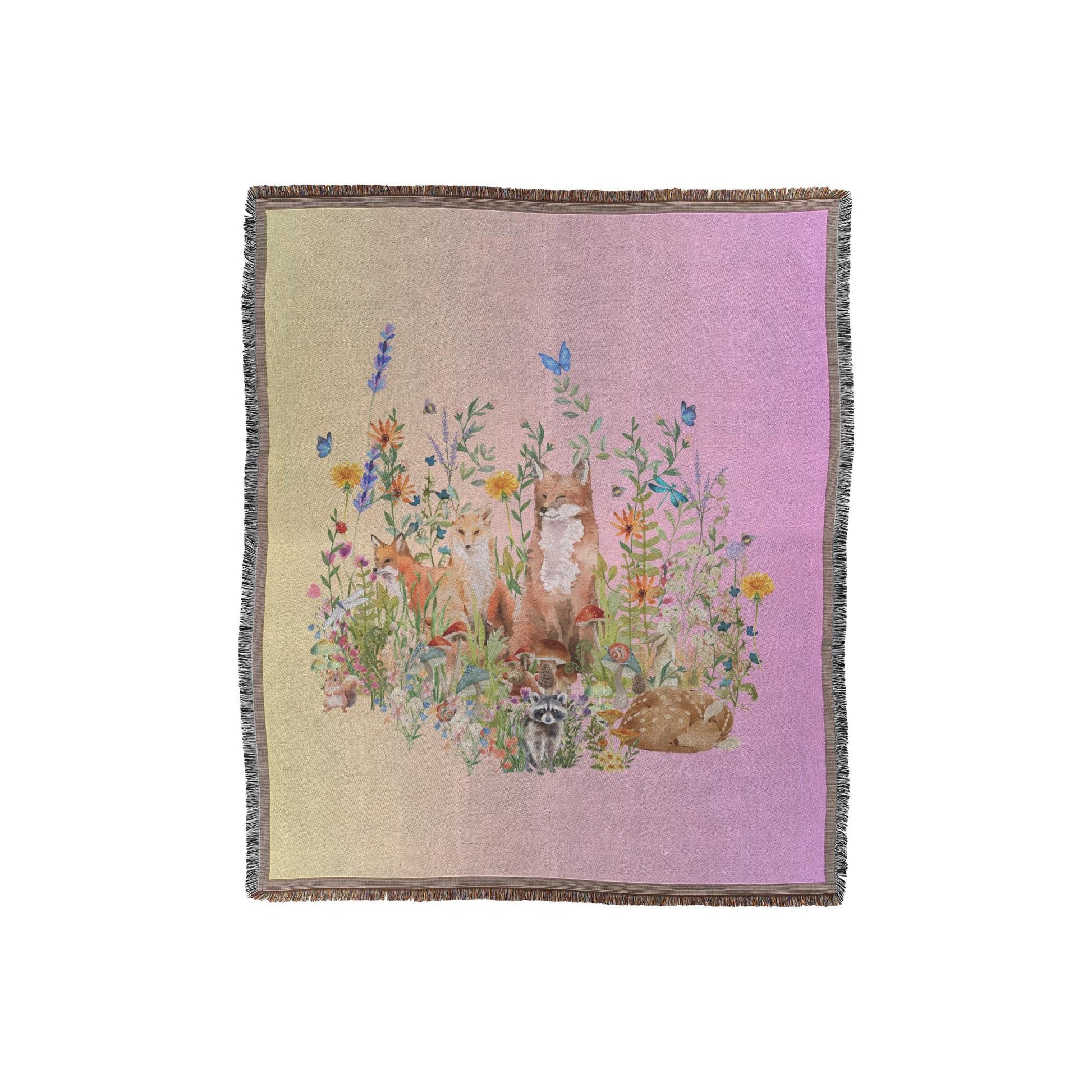 Watercolor Woodland Creatures Woven Throw | Botanical Floral Blanket | Nature Lovers Gift | Boho Cottagecore Motif