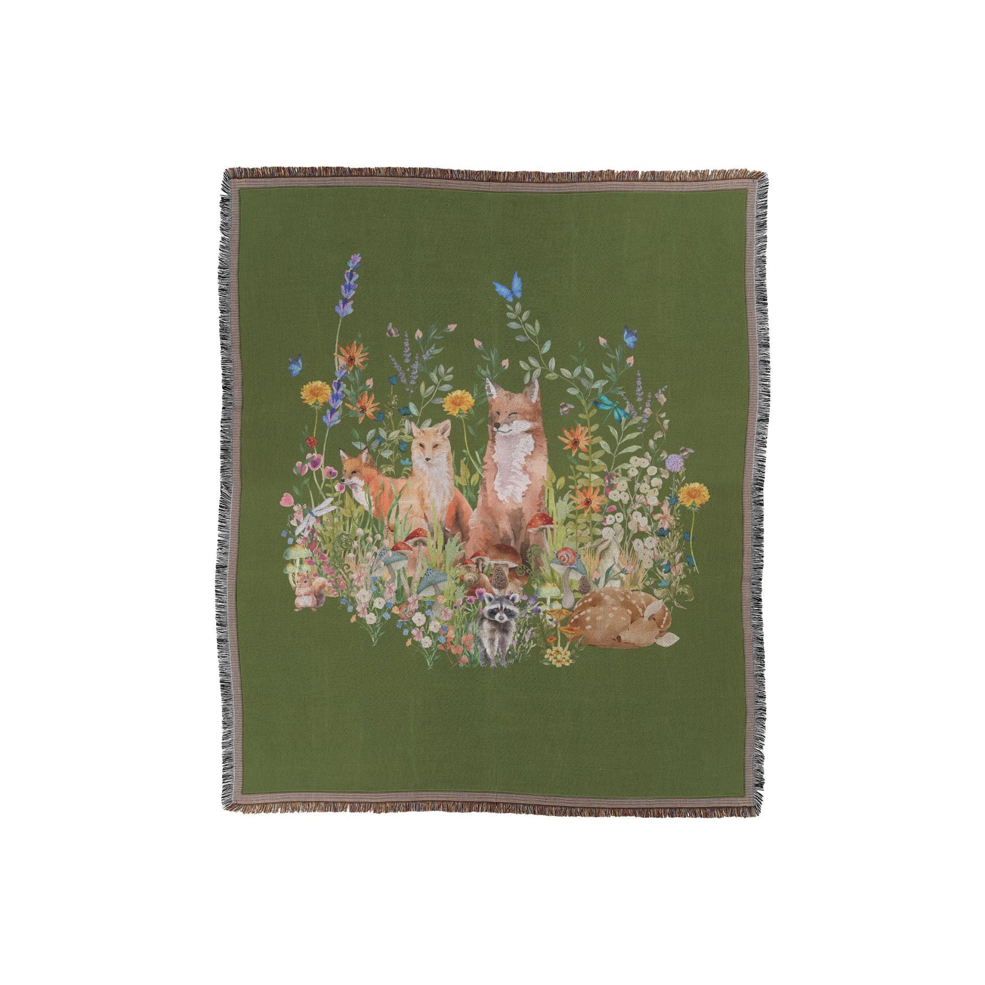 Watercolor Woodland Creatures Woven Throw in Green | Botanical Floral Blanket | Nature Lovers Gift | Boho Cottagecore Motif