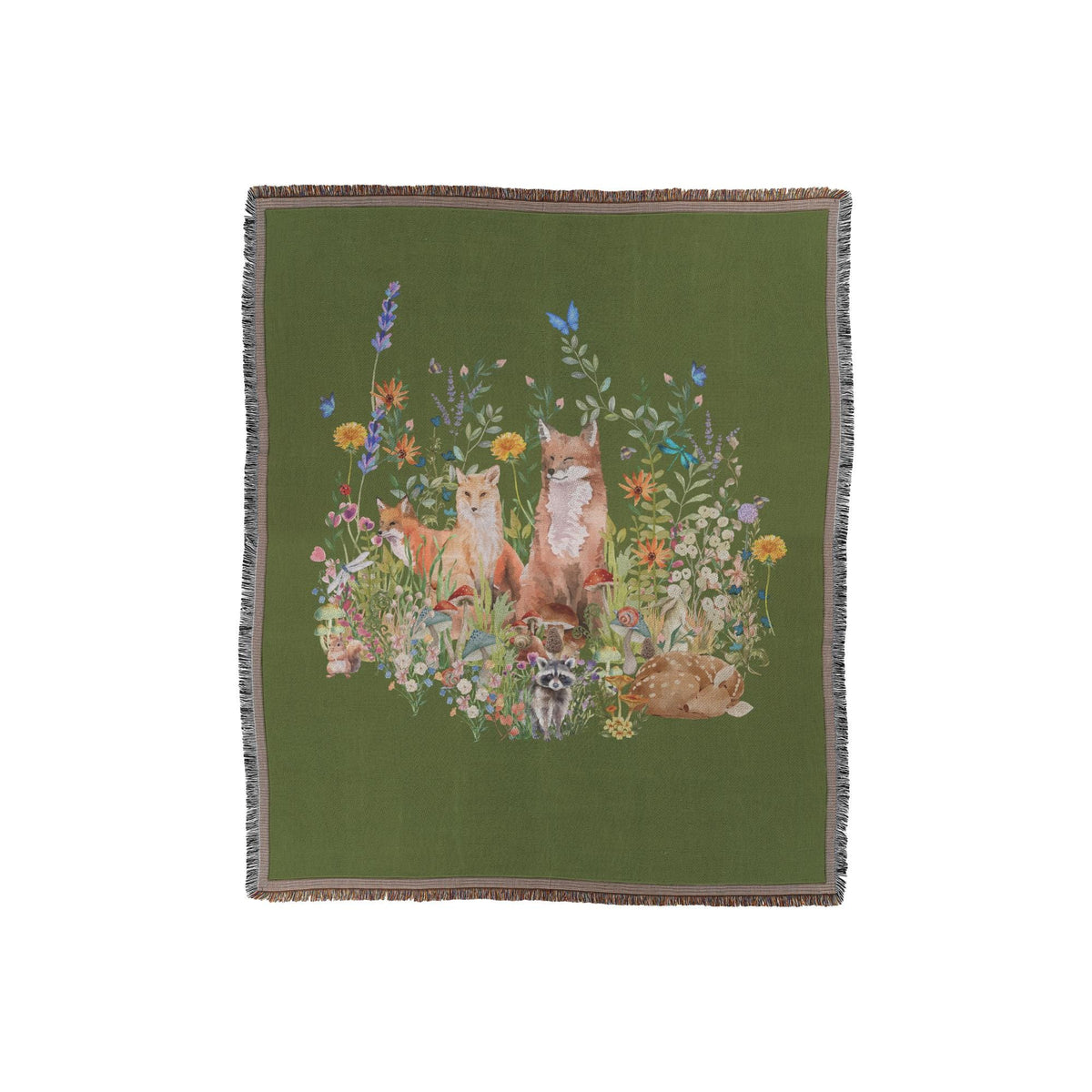 Watercolor Woodland Creatures Woven Throw in Green | Botanical Floral Blanket | Nature Lovers Gift | Boho Cottagecore Motif