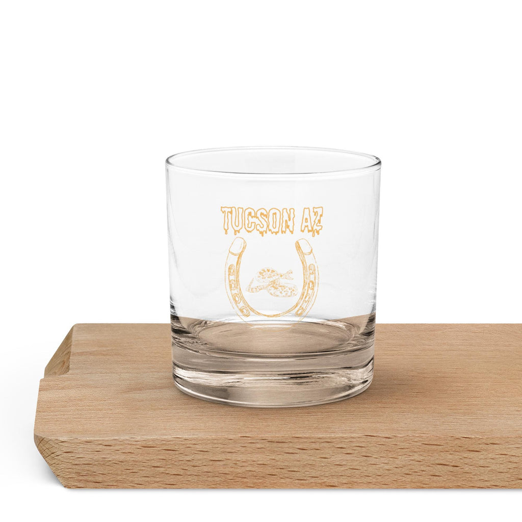 Tucson Arizona Rocks Glass | Western Motif Whisky Glass with Horseshoe & Rattlesnake Design for Unique Bar Decor