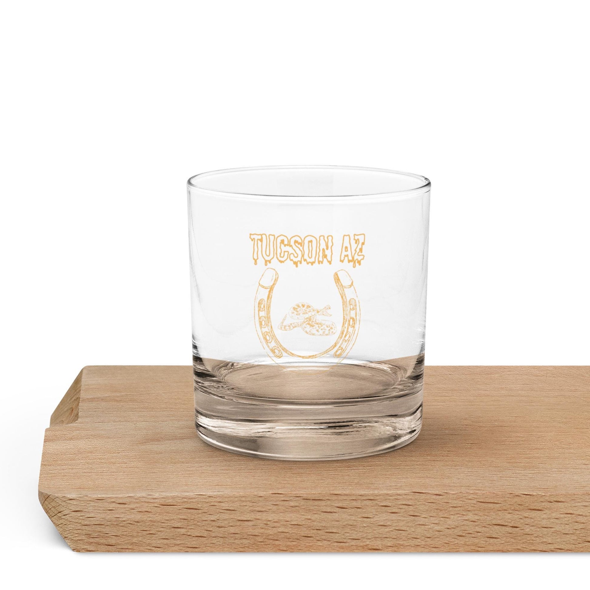 Tucson Arizona Rocks Glass | Western Motif Whisky Glass with Horseshoe & Rattlesnake Design for Unique Bar Decor