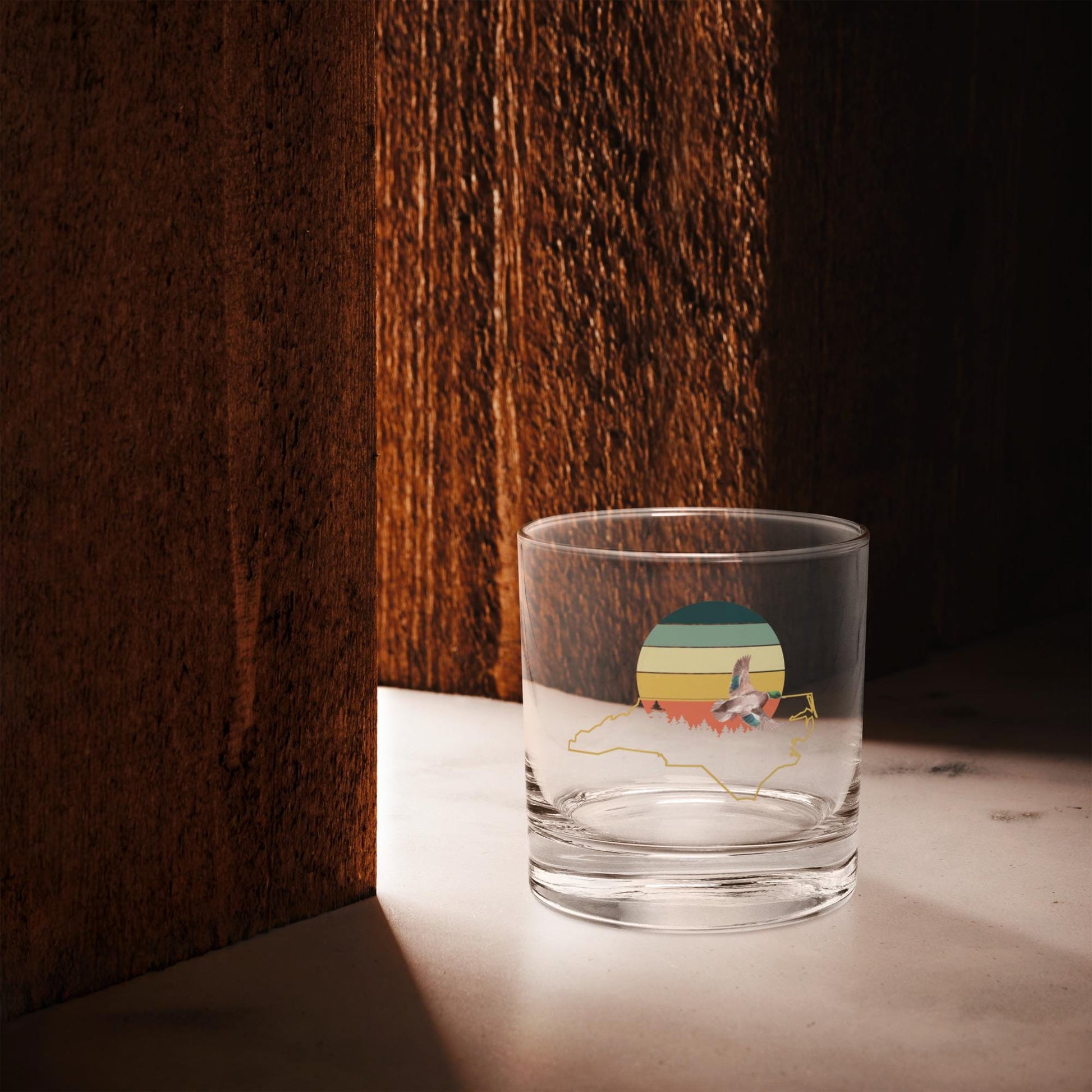 North Carolina Rocks Glass | Retro Sun Design | Cottagecore Whisky Glass | Mallard Duck Motif