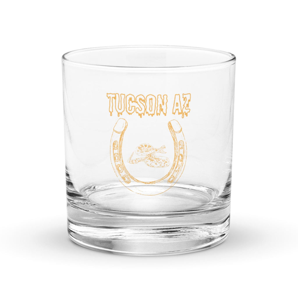 Tucson Arizona Rocks Glass | Western Motif Whisky Glass with Horseshoe & Rattlesnake Design for Unique Bar Decor