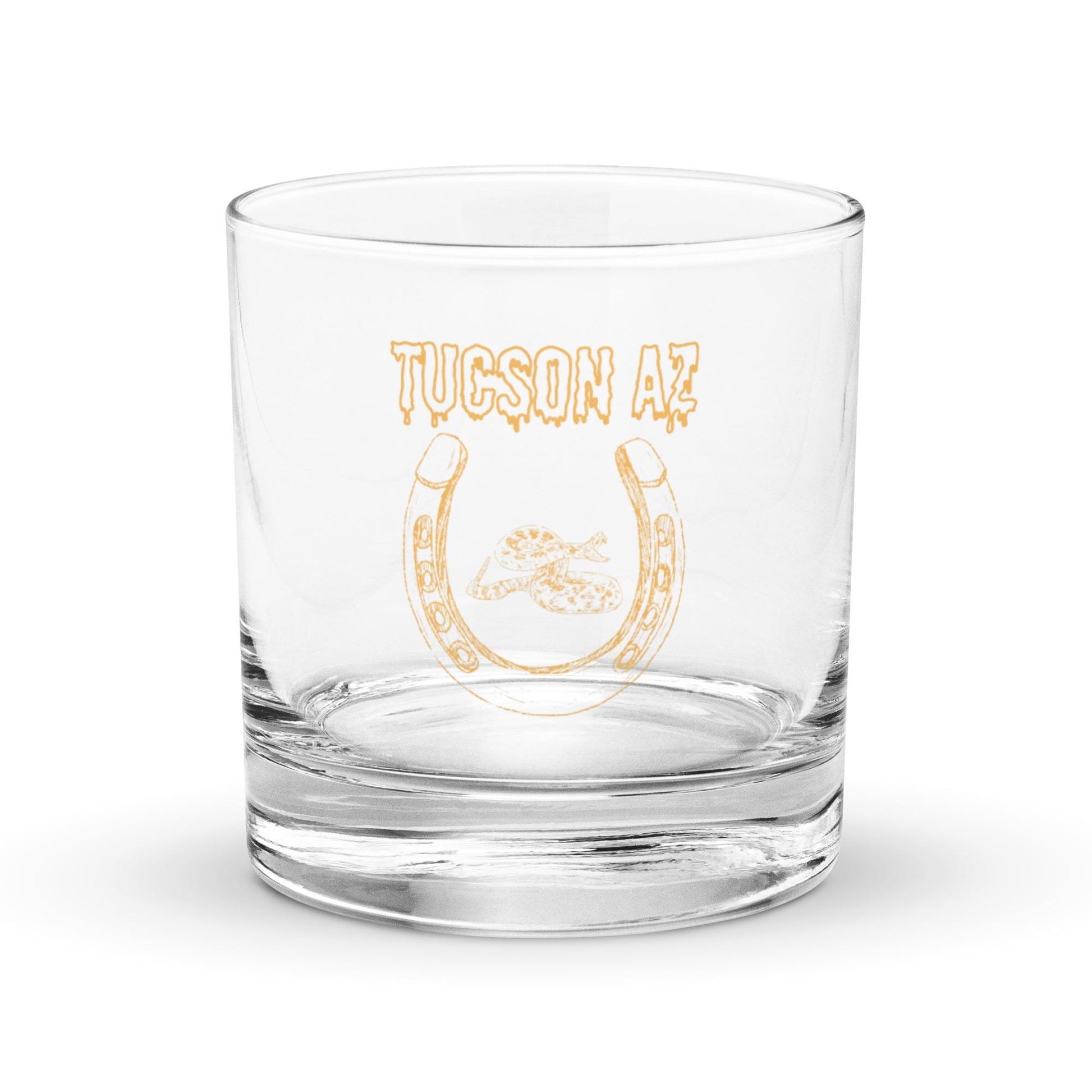 Tucson Arizona Rocks Glass | Western Motif Whisky Glass with Horseshoe & Rattlesnake Design for Unique Bar Decor
