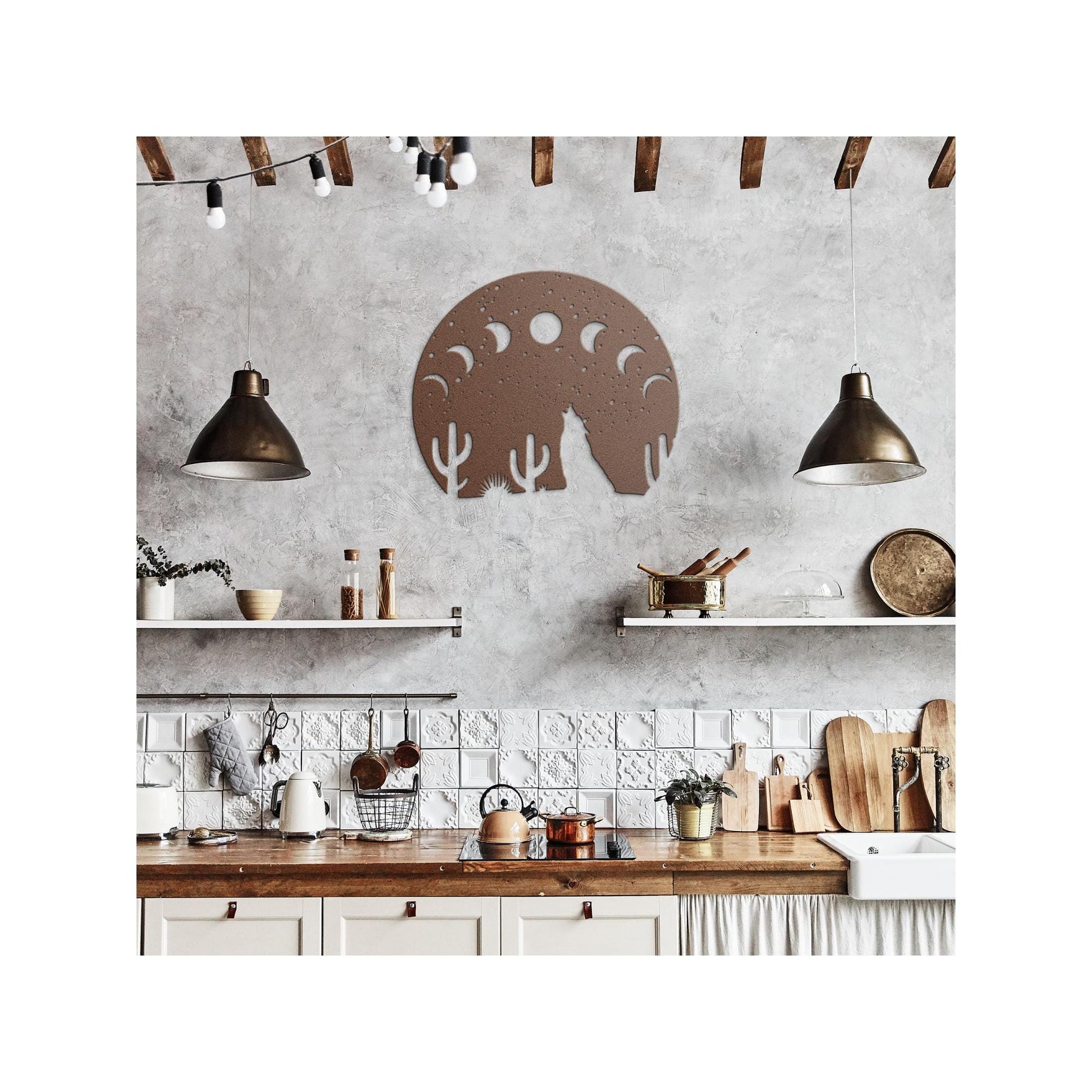 Desert Moon Phases and Wolf Metal Wall Art | Premium 18 Gauge Steel Decor | Outdoor & Indoor Rustic Home Decoration