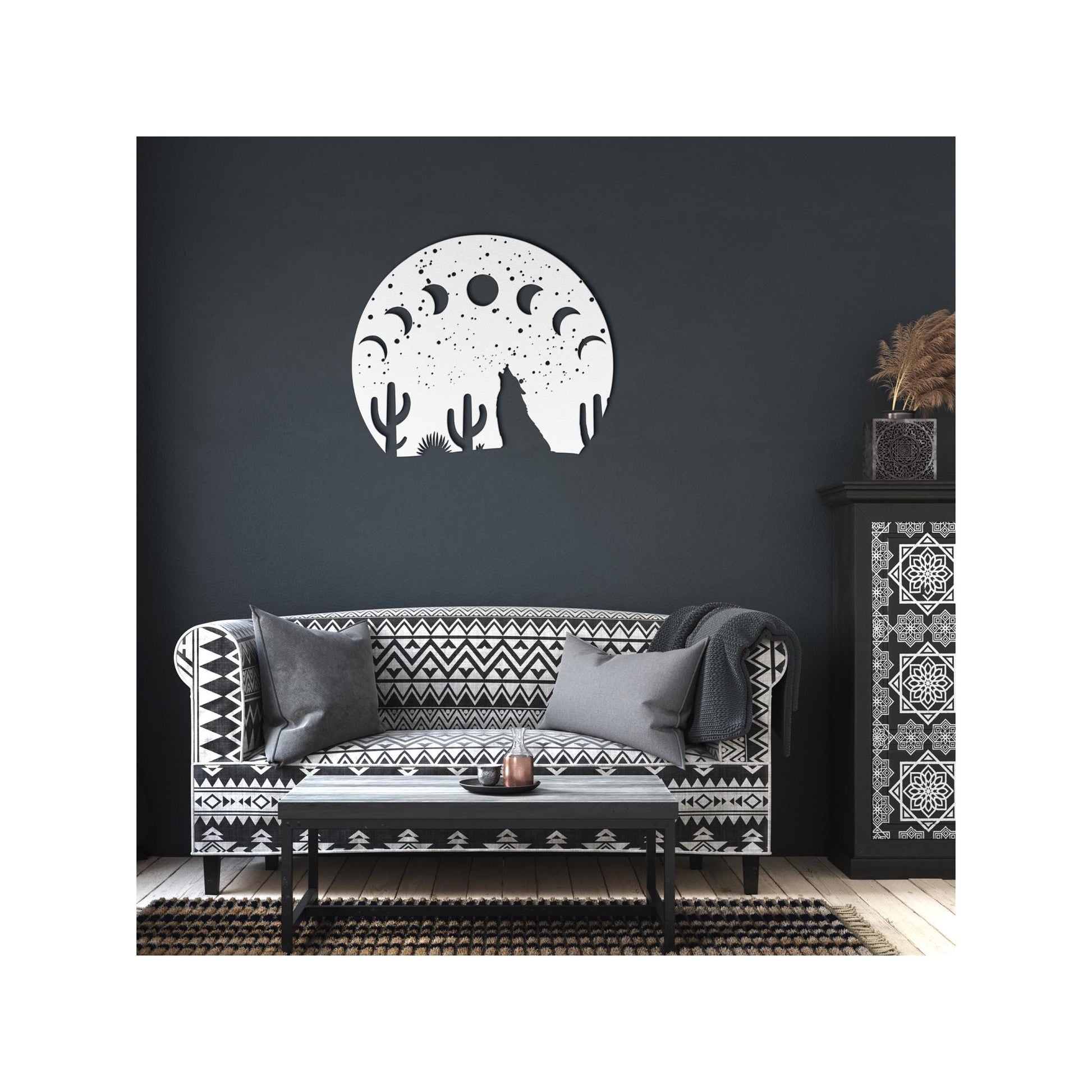 Desert Moon Phases and Wolf Metal Wall Art | Premium 18 Gauge Steel Decor | Outdoor & Indoor Rustic Home Decoration