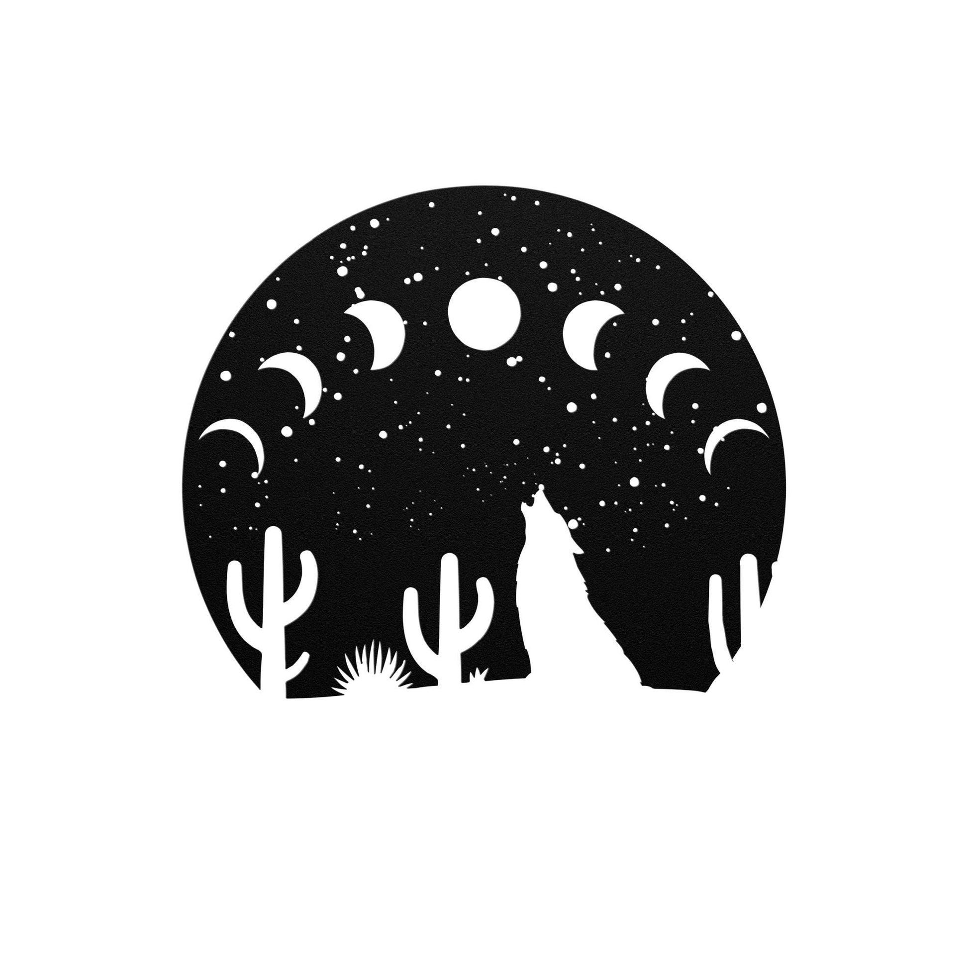 Desert Moon Phases and Wolf Metal Wall Art | Premium 18 Gauge Steel Decor | Outdoor & Indoor Rustic Home Decoration